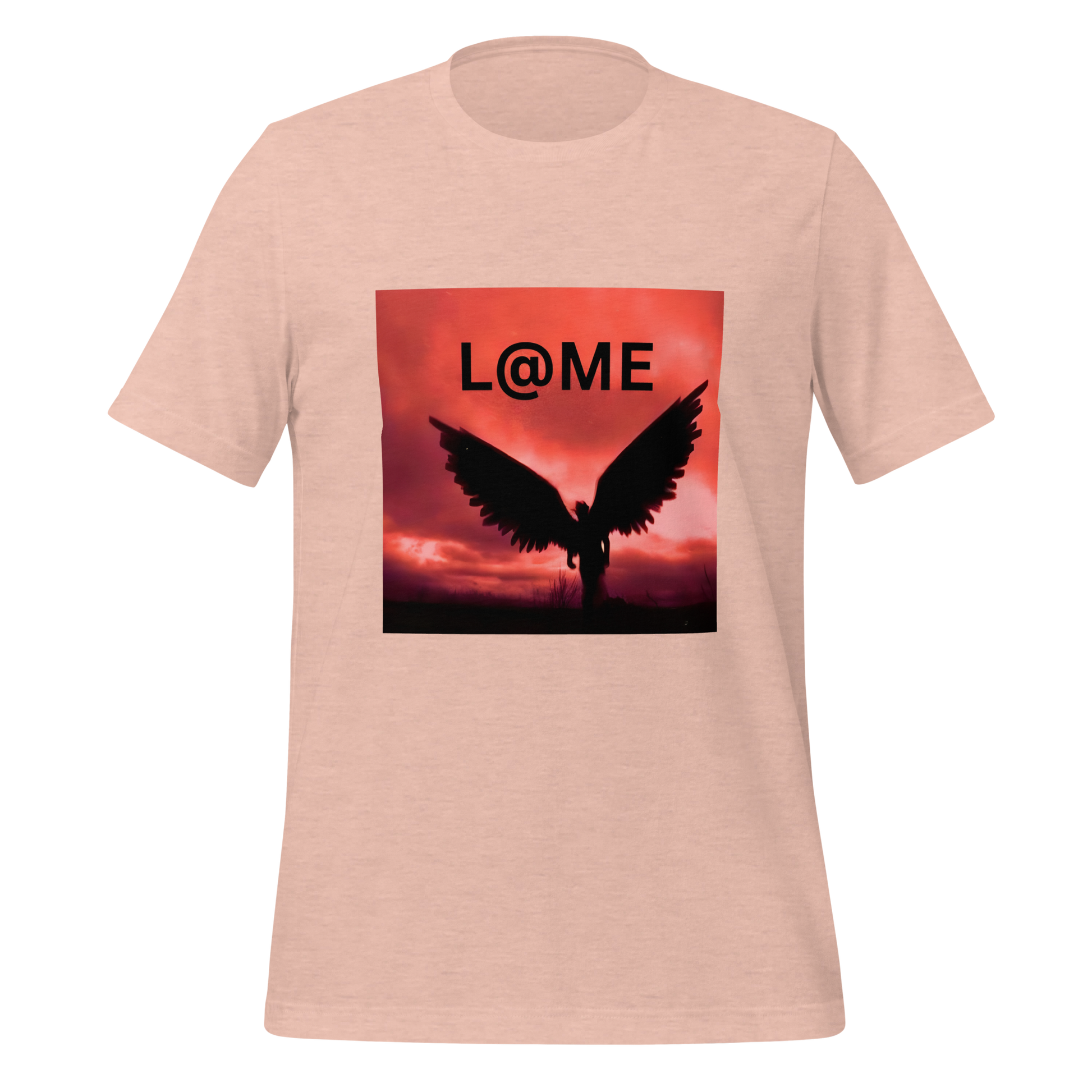 Unisex t-shirt featuring a fiery dusk sky and silhouetted angel wings behind the L@ME logo.