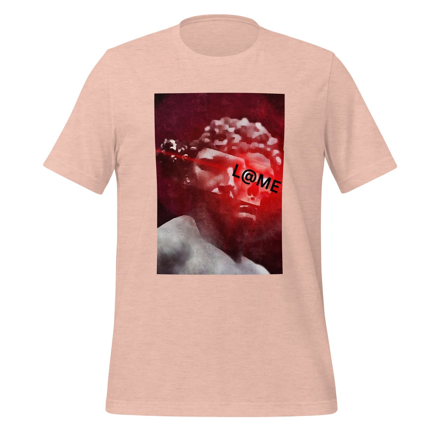 Red cotton t-shirt with grayscale statue graphic and L@ME branding on front.