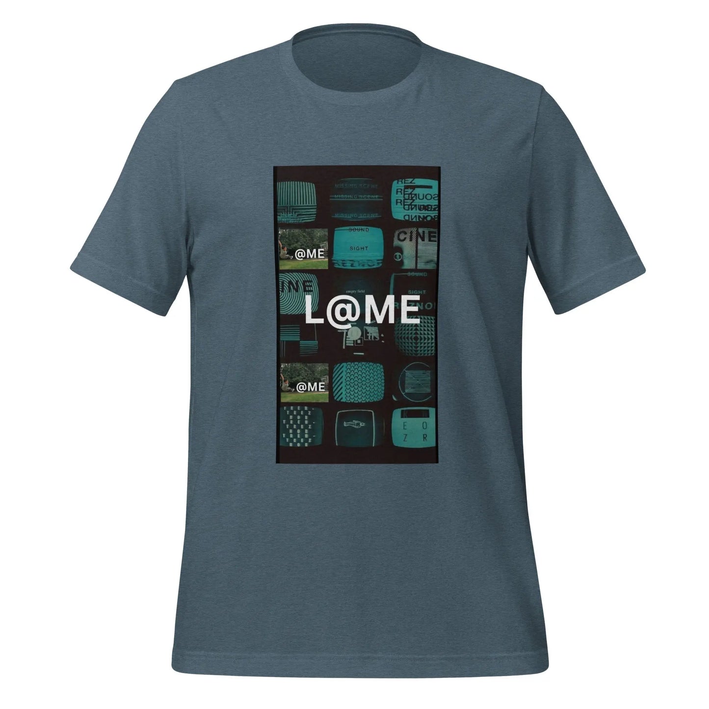 Unisex T-shirt with retro TV static collage in teal and black and L@ME logo on front