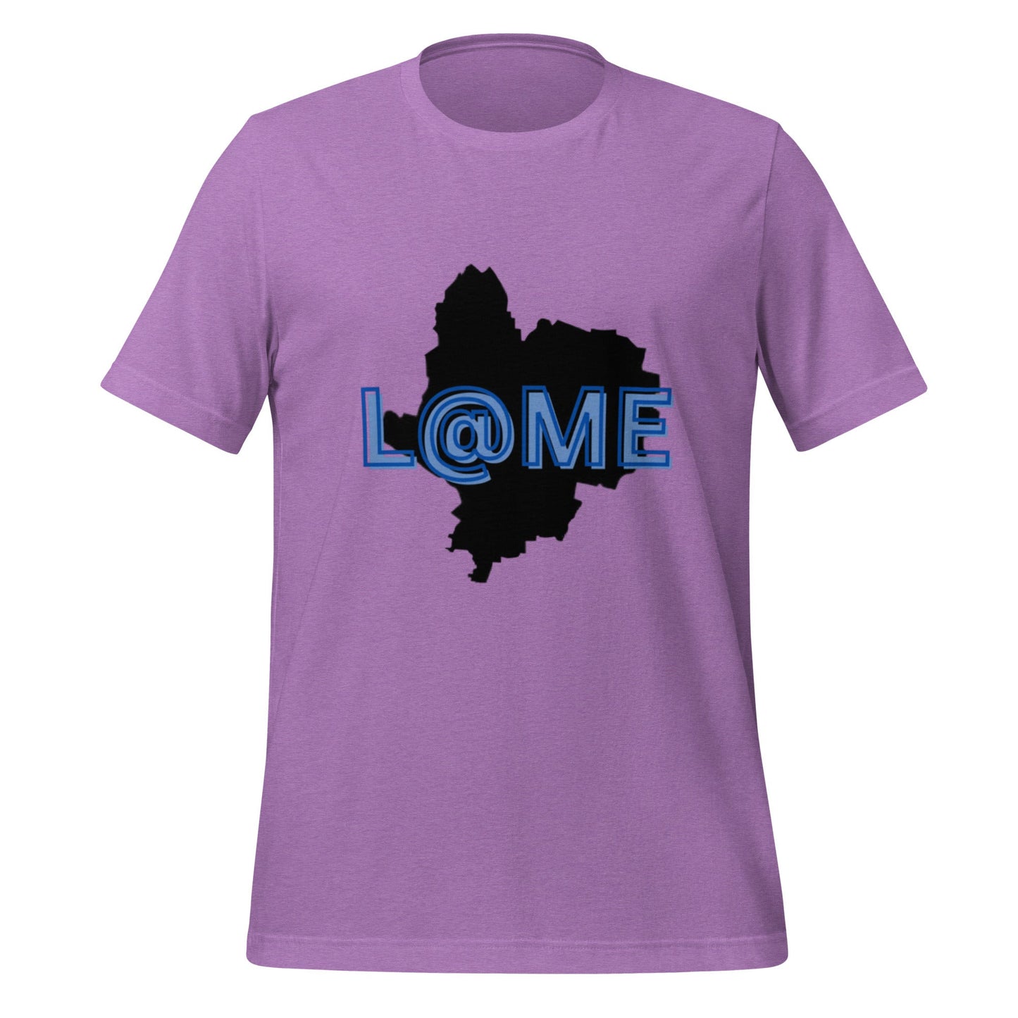 Purple unisex tee with black silhouette graphic and blue lettering on front