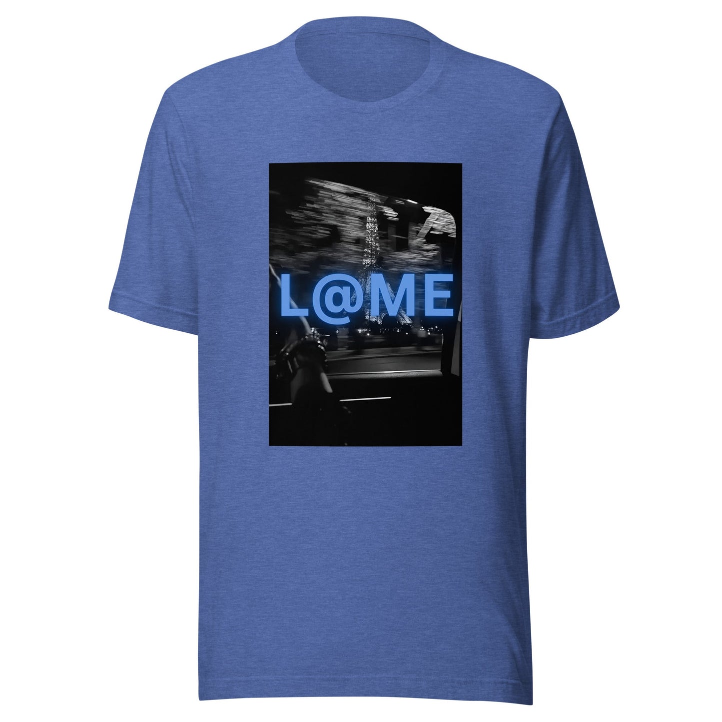 Blue T-shirt with neon electric blue logo and blurred city background design.