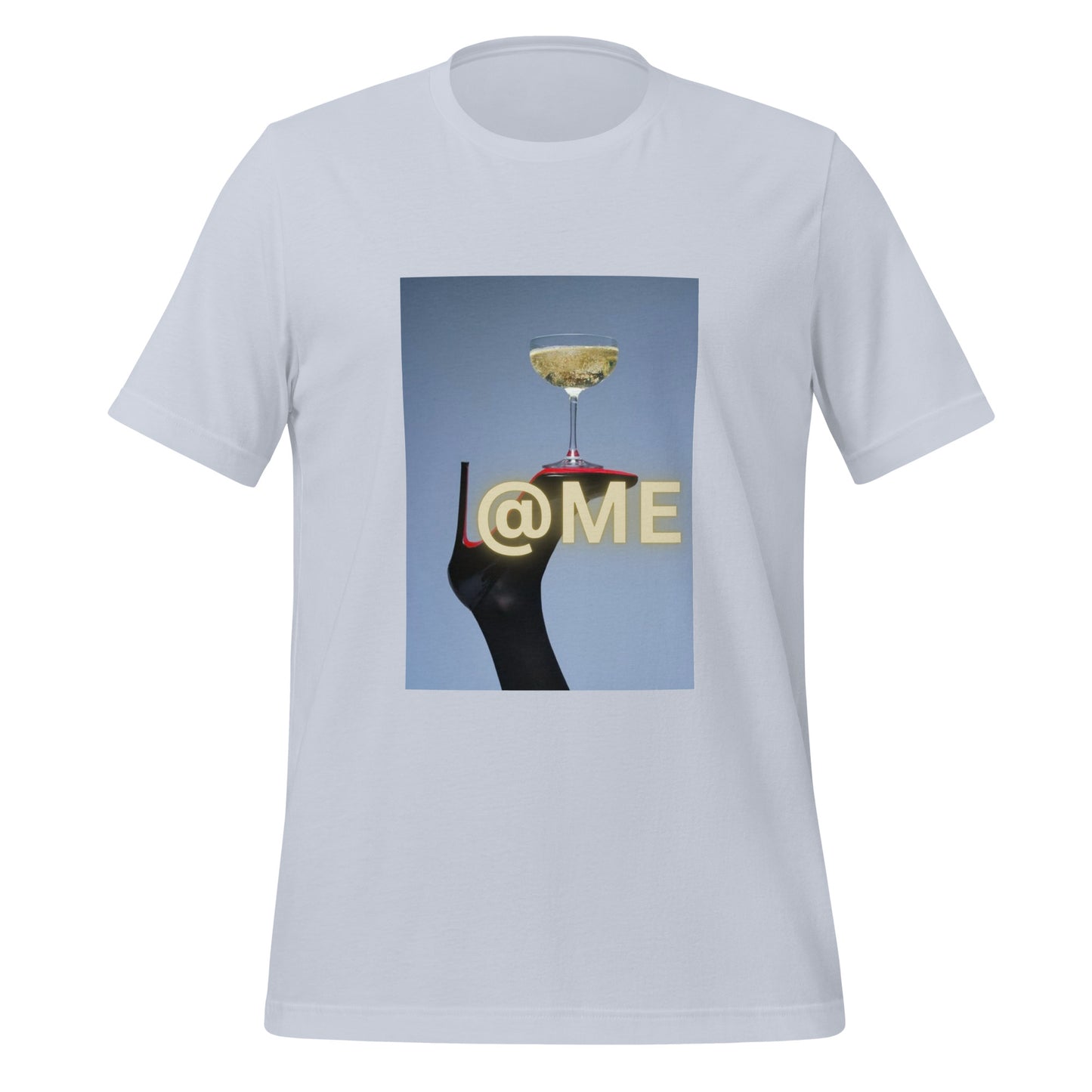 Black stiletto balancing a golden coupe glass on a unisex t-shirt in soft cotton fabric.