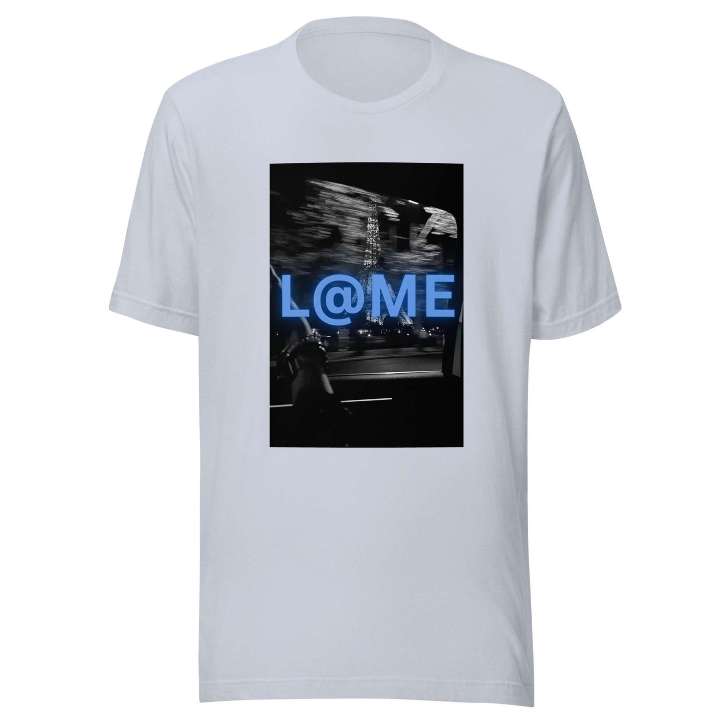 Blue neon graphic t-shirt featuring an electric blue logo on a blurred city backdrop.
