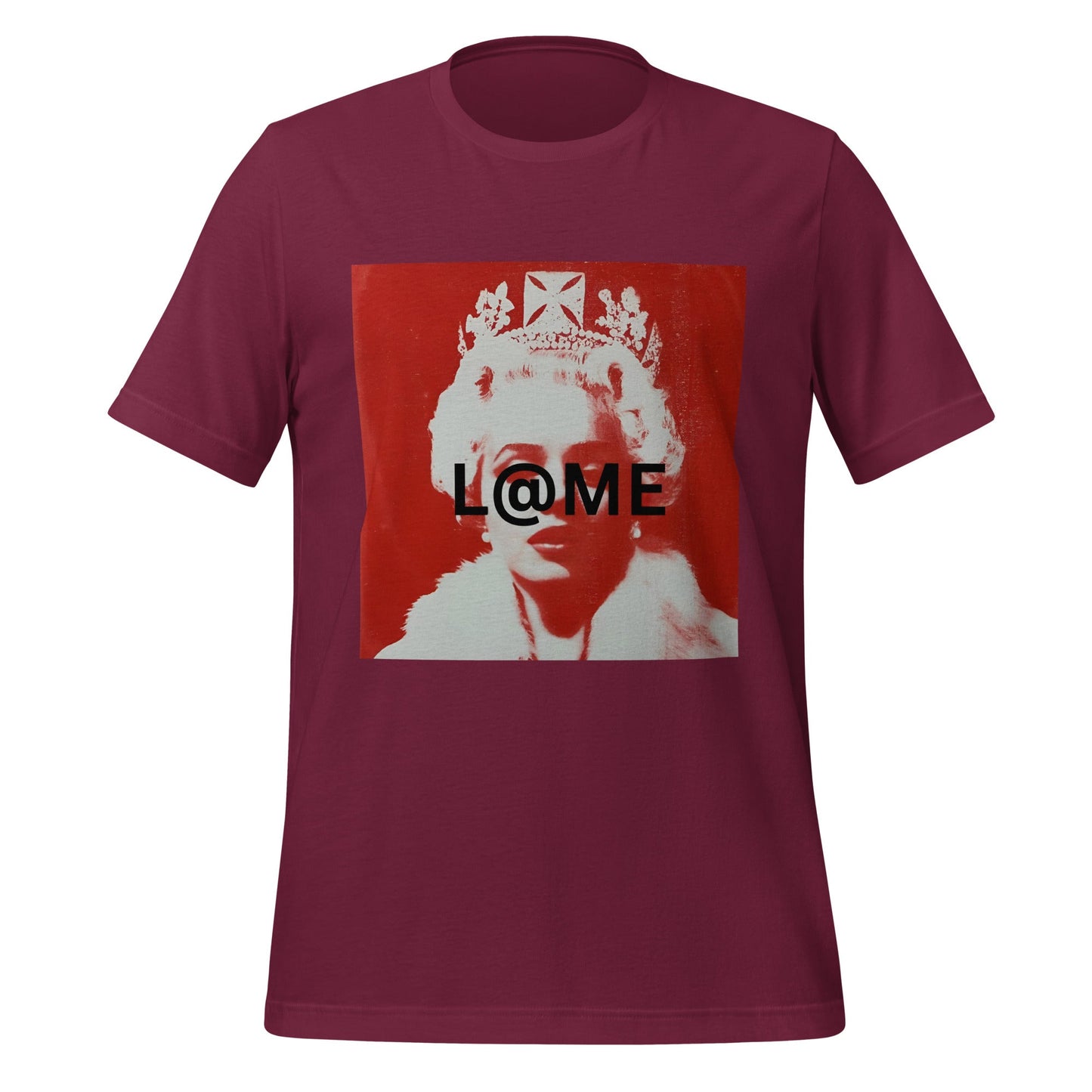 Red graphic tee with a modern street art regal figure and bold design on the front.