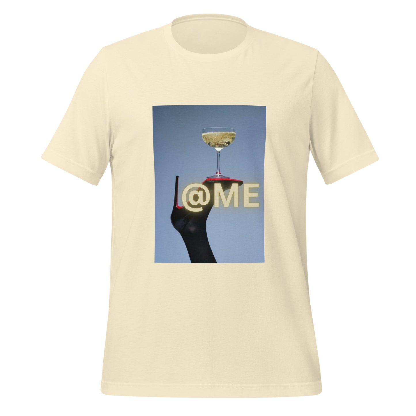 Unisex t-shirt featuring a black stiletto and golden coupe glass design.