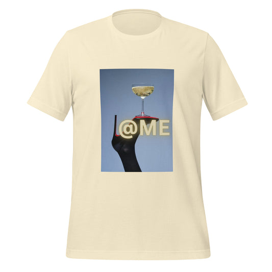 Unisex t-shirt featuring a black stiletto and golden coupe glass design.
