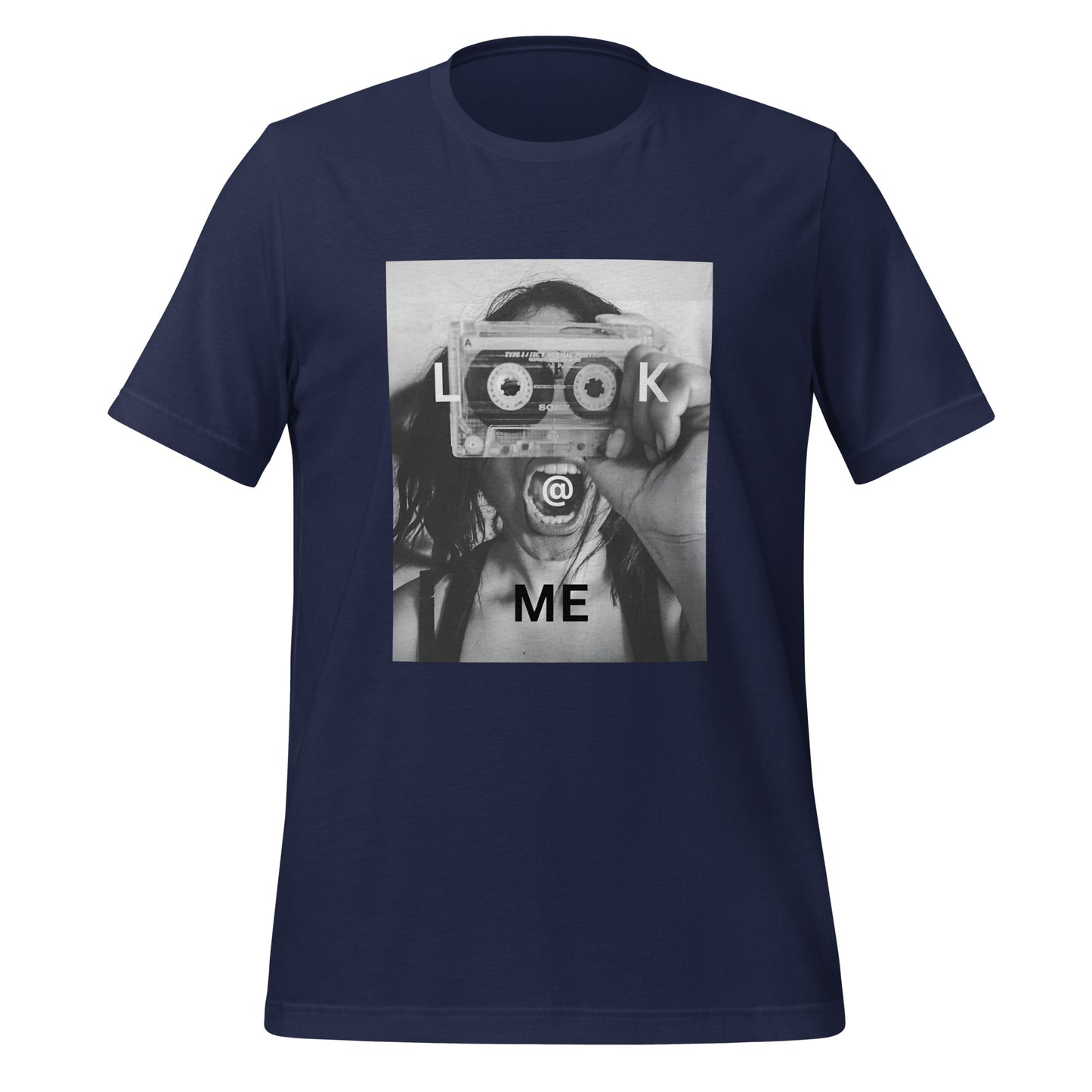 Monochrome tee featuring a woman holding a cassette like a camera on soft cotton fabric.