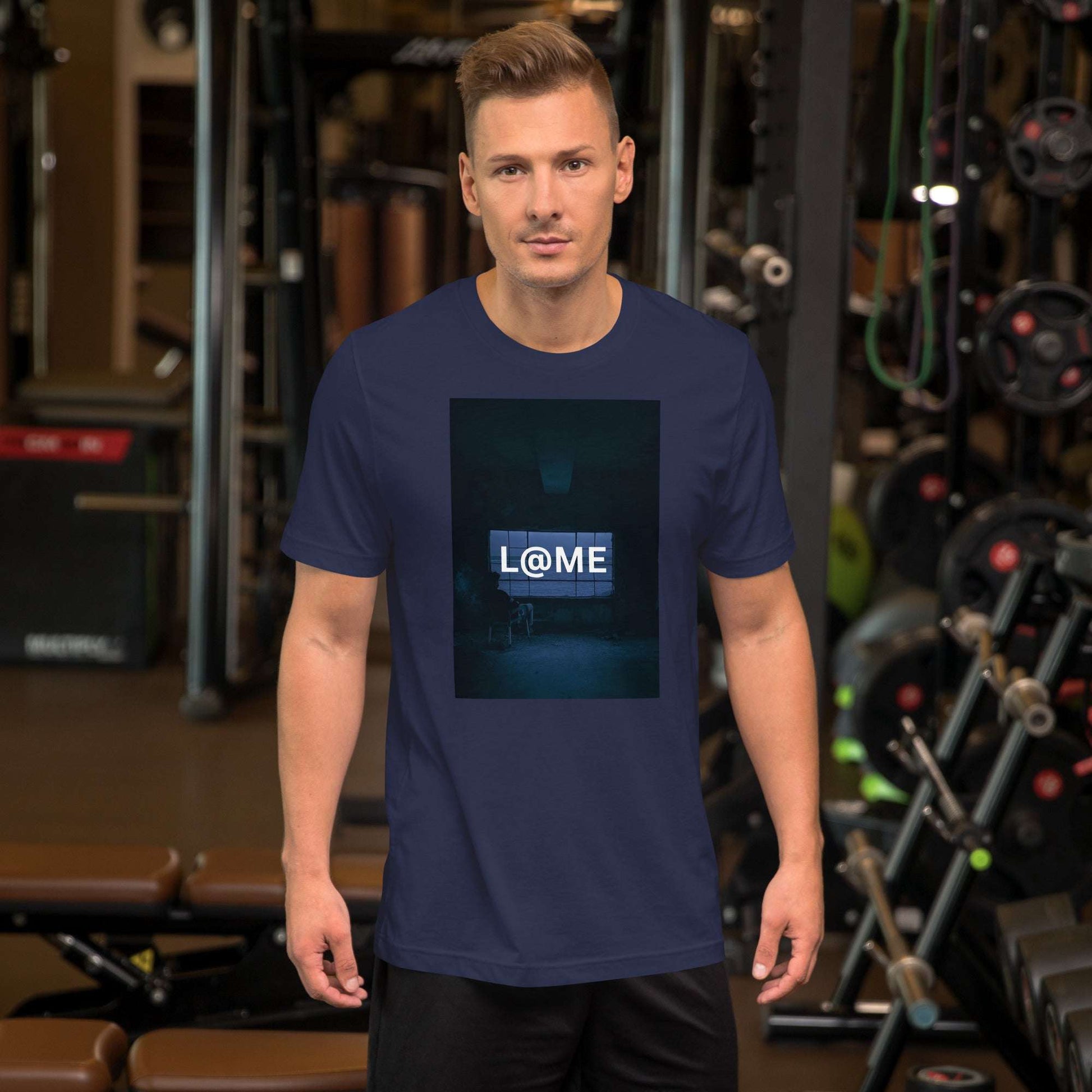 Black tee featuring a minimalist design with glowing blue neon accents.