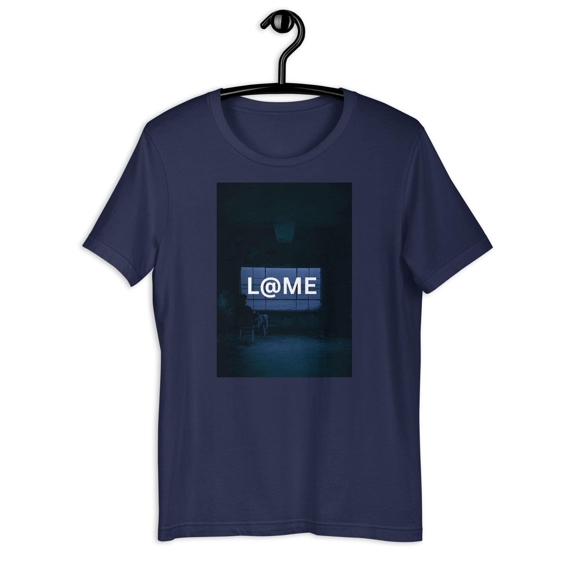 Black tee featuring a minimalist design with glowing blue neon accents.
