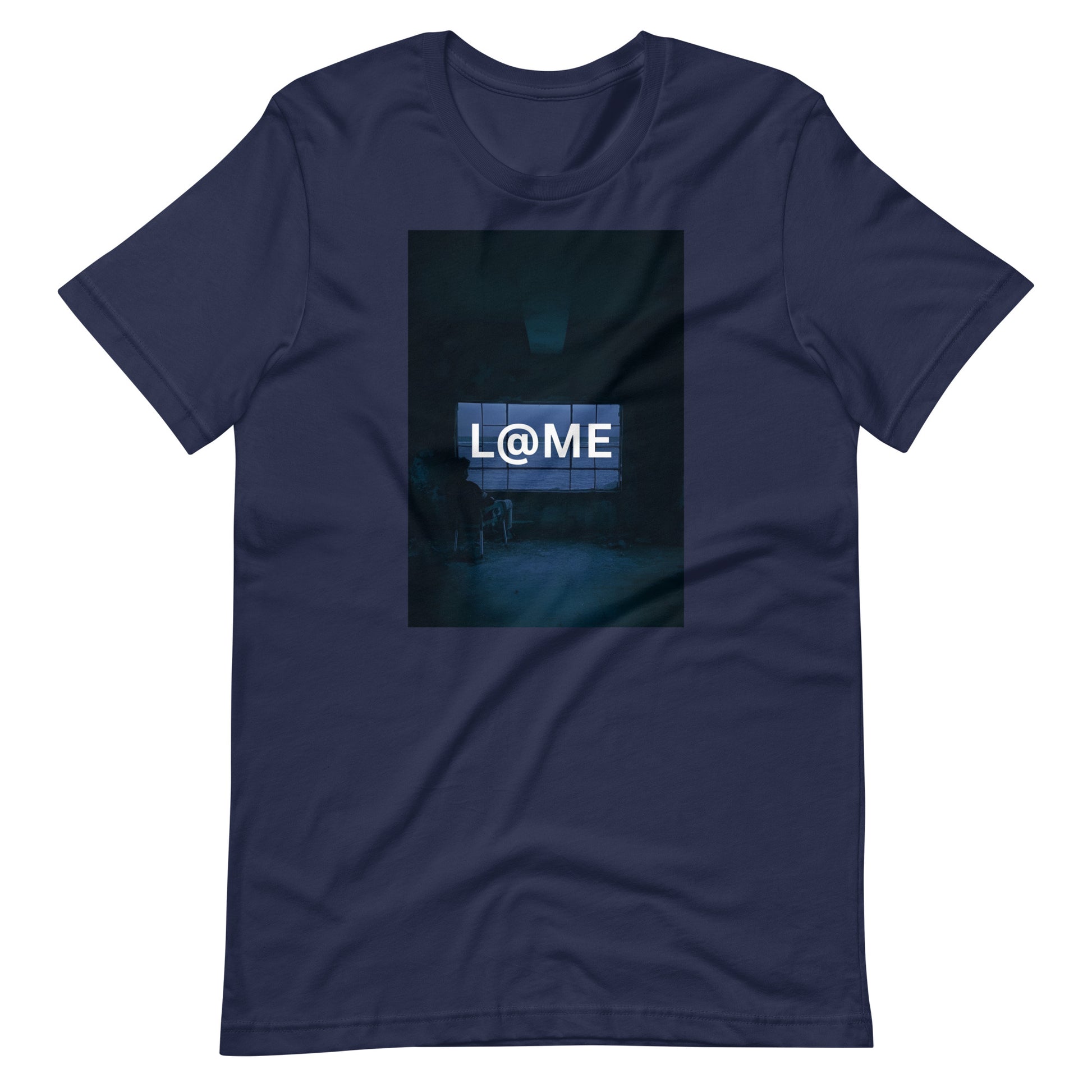 Black L@ME Midnight Silence tee with blue neon graphic on front and short sleeves
