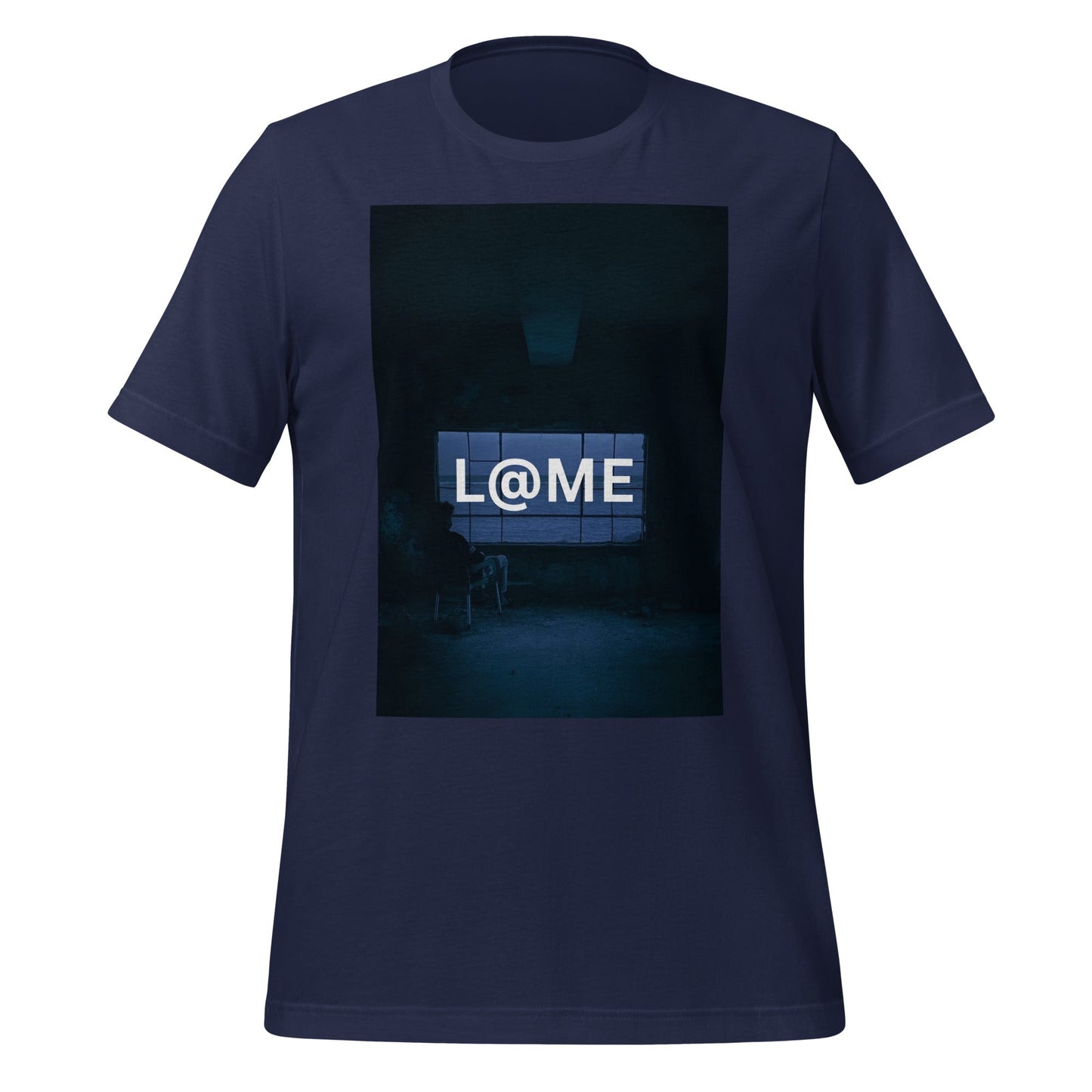 Black tee featuring a glowing blue neon design inspired by nighttime solitude.