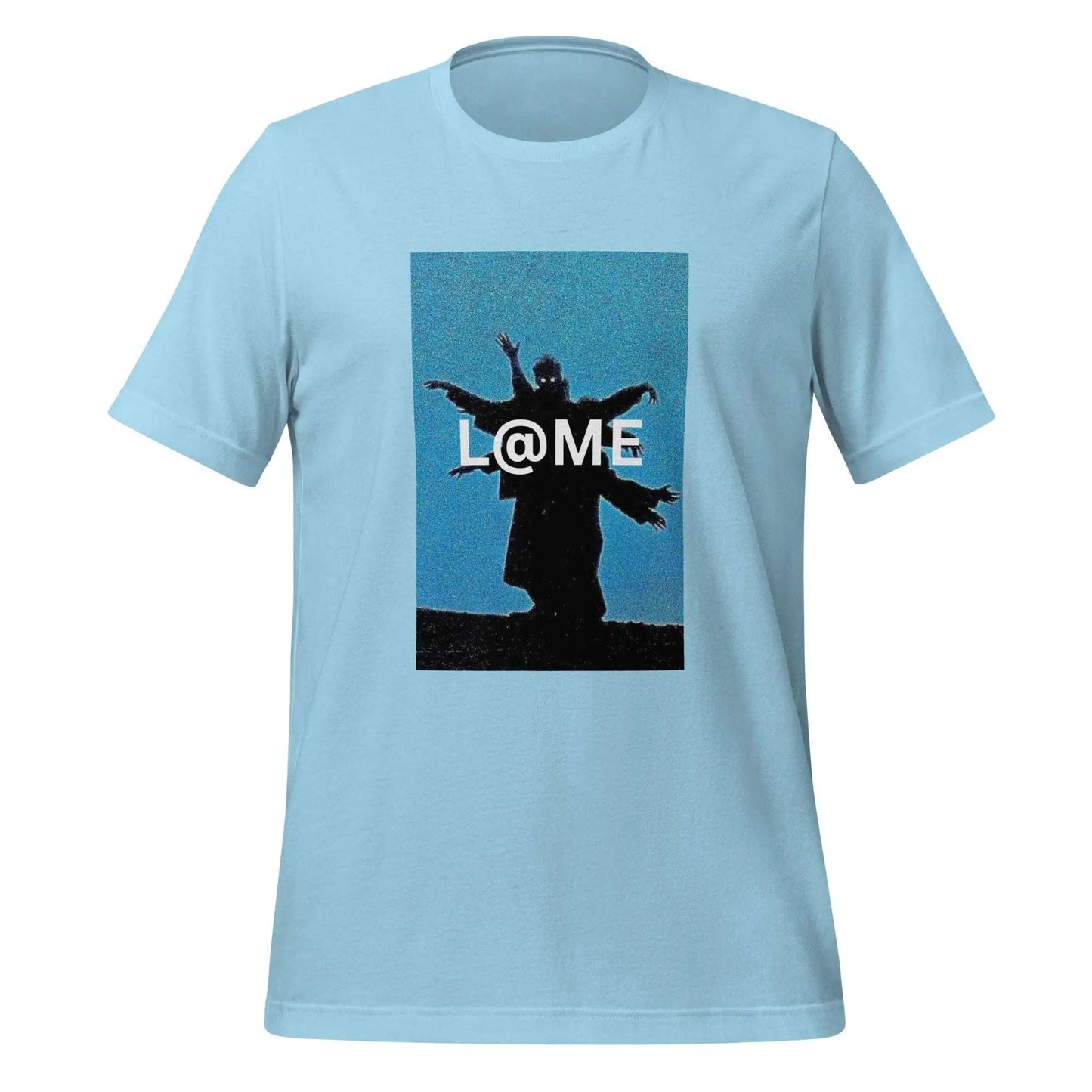 Unisex t-shirt with black silhouette of multiple arms on blue horizon background