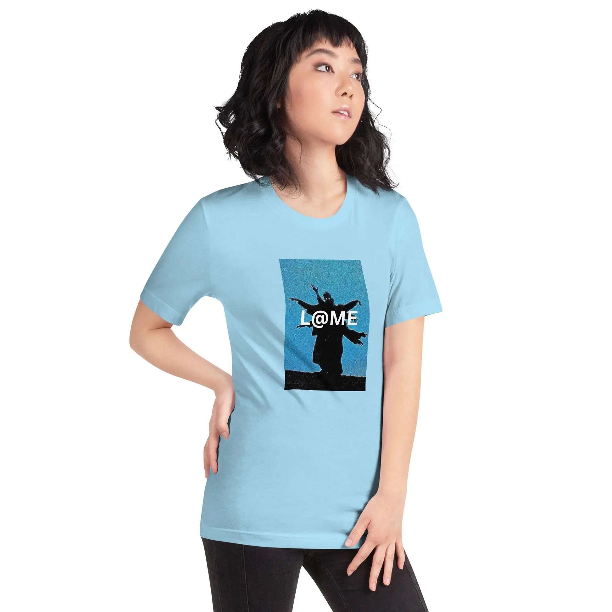 Unisex t-shirt featuring a black silhouette with outstretched arms on a sky-blue background.