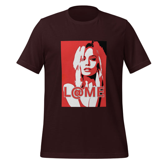 Red Pop-Art graphic tee featuring a bold red-and-white portrait and L@ME logo.