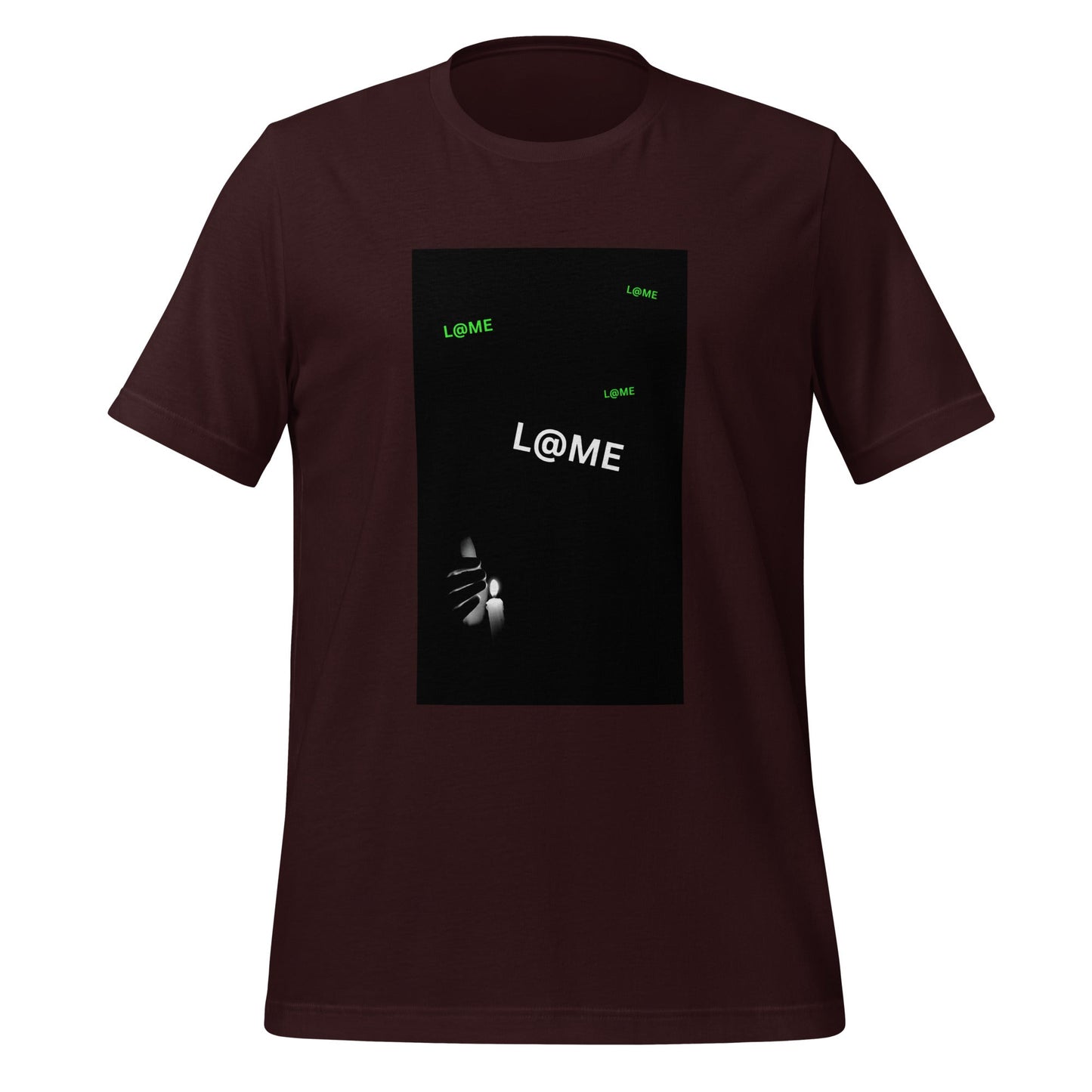 A minimal tee featuring subtle green logos and a central print on dark fabric.