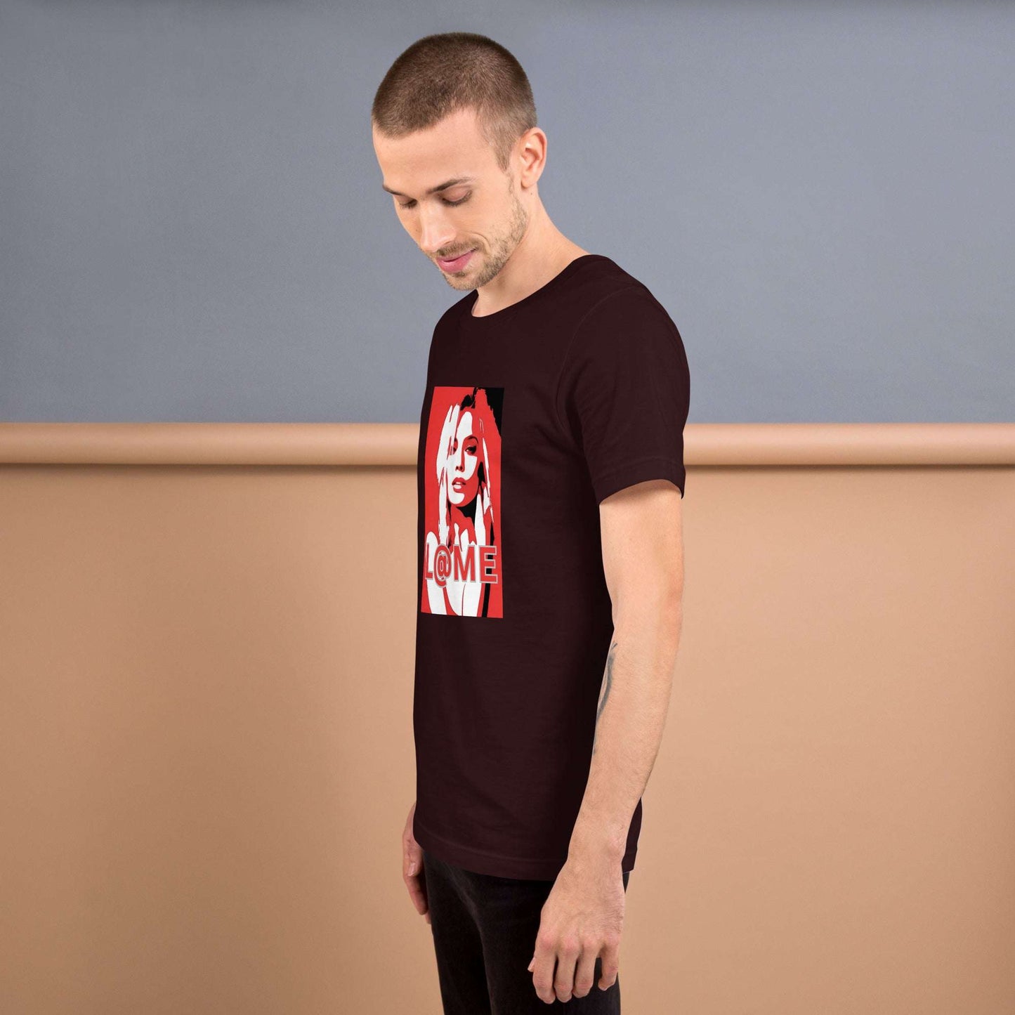 Red Pop-Art graphic tee featuring a bold red-and-white portrait with the L@ME logo.