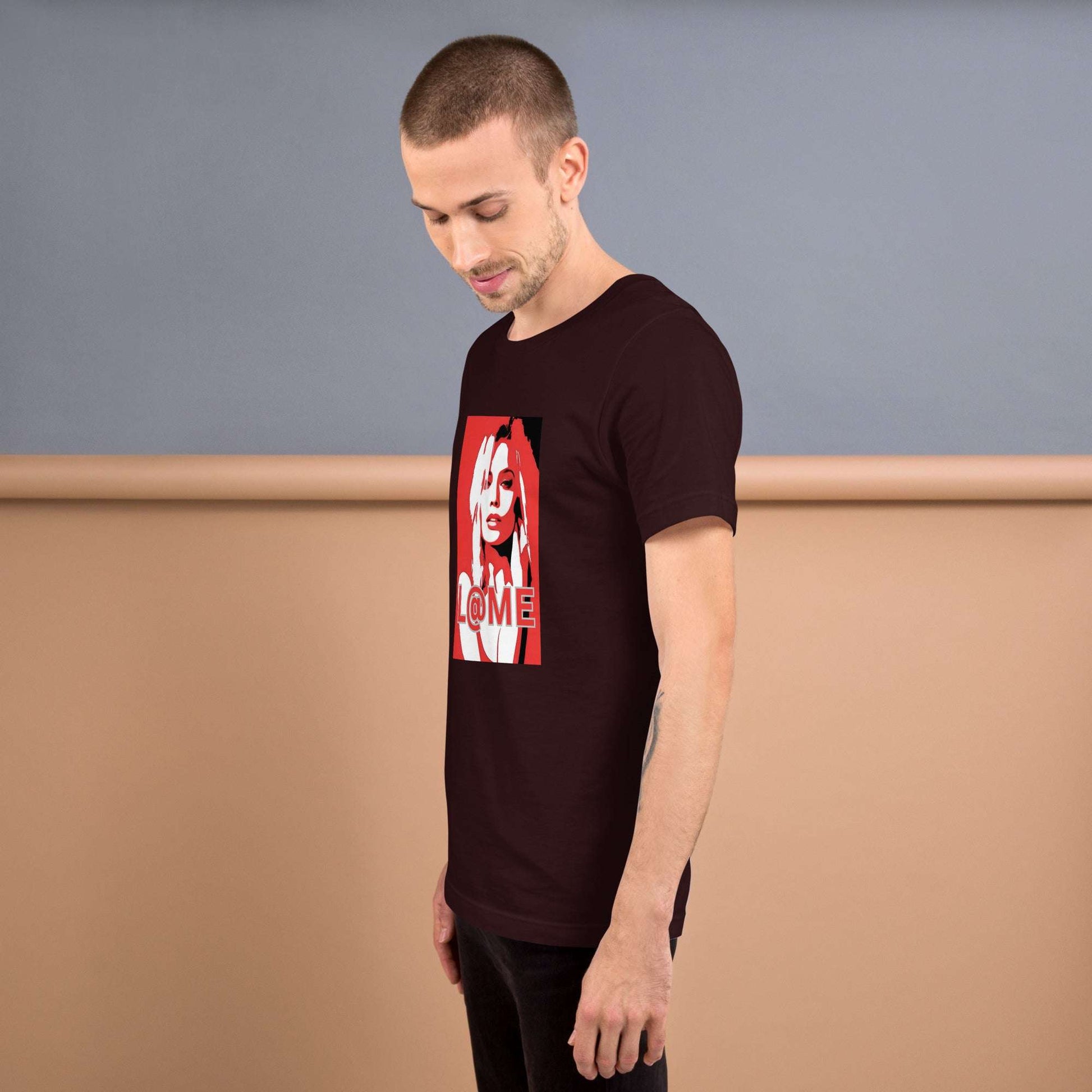 Red Pop-Art graphic tee featuring a bold red-and-white portrait with the L@ME logo.