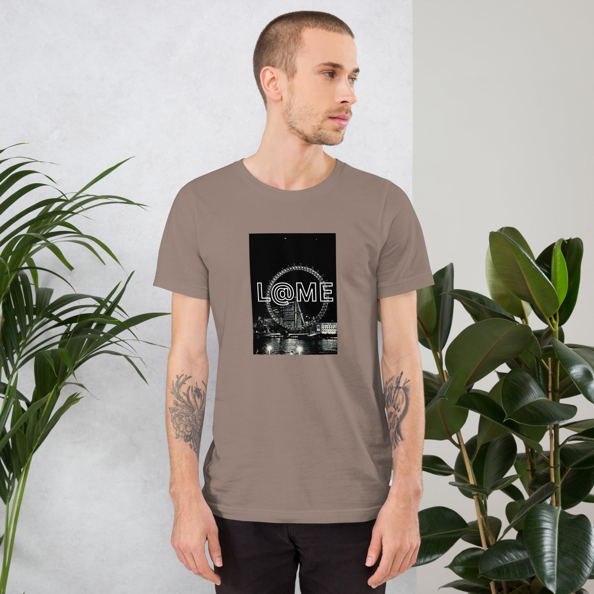 Black-and-white unisex t-shirt featuring the London Eye and L@ME logo design.