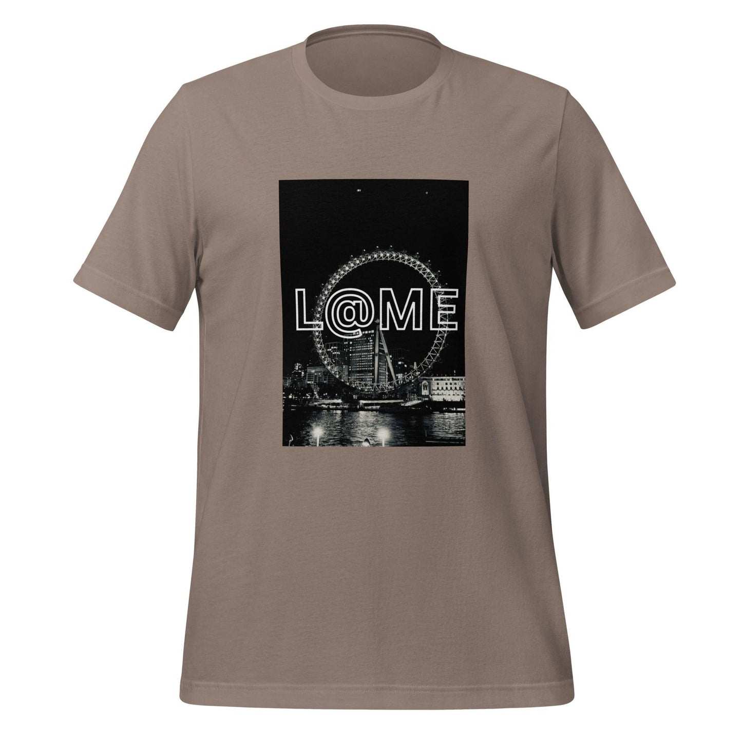 Black-and-white unisex t-shirt featuring the London Eye at night and the L@ME logo.