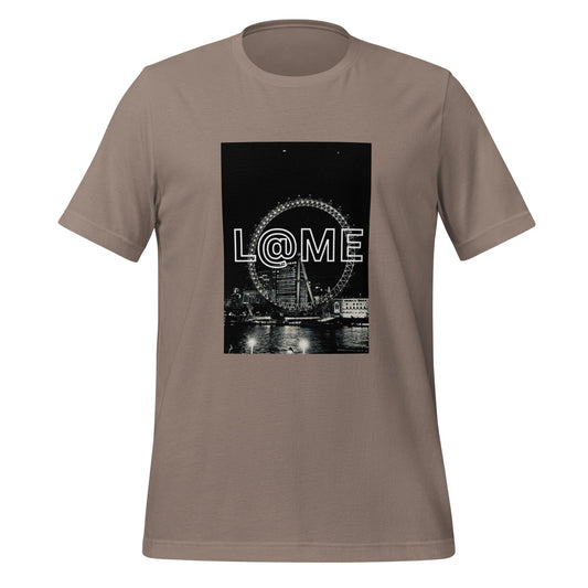 Black-and-white unisex t-shirt featuring the London Eye at night and the L@ME logo.