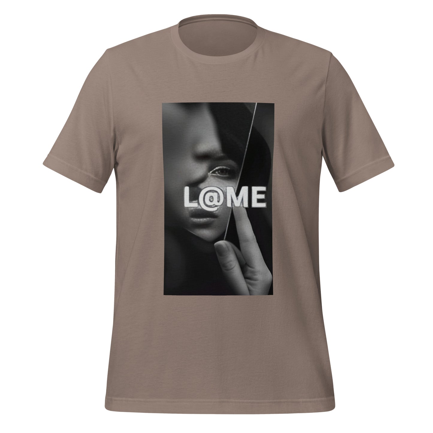 Graphic t-shirt featuring a monochrome portrait with shattered reflection lines and bold logo.