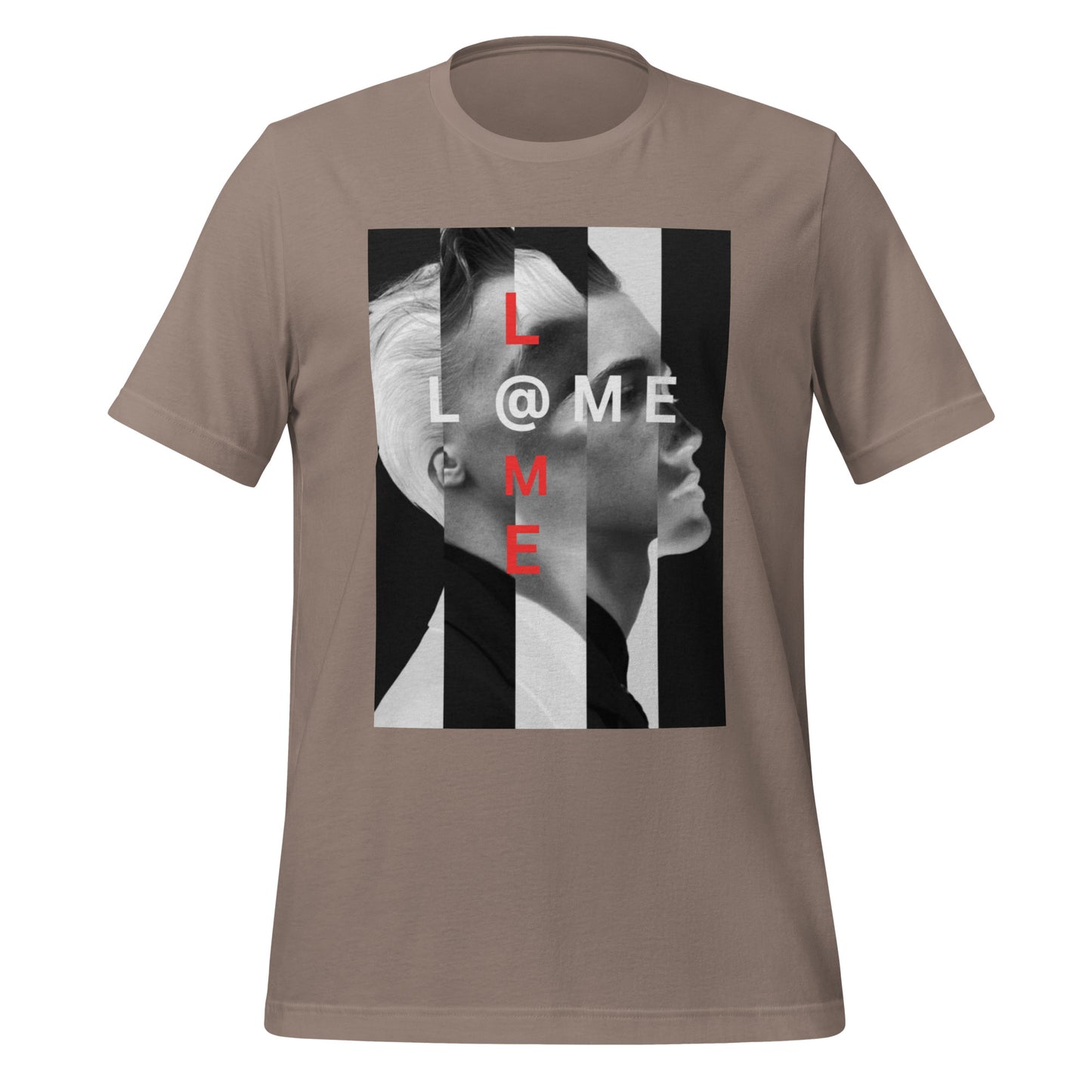 Black and white urban tee with bold white stripes and red text accents on front