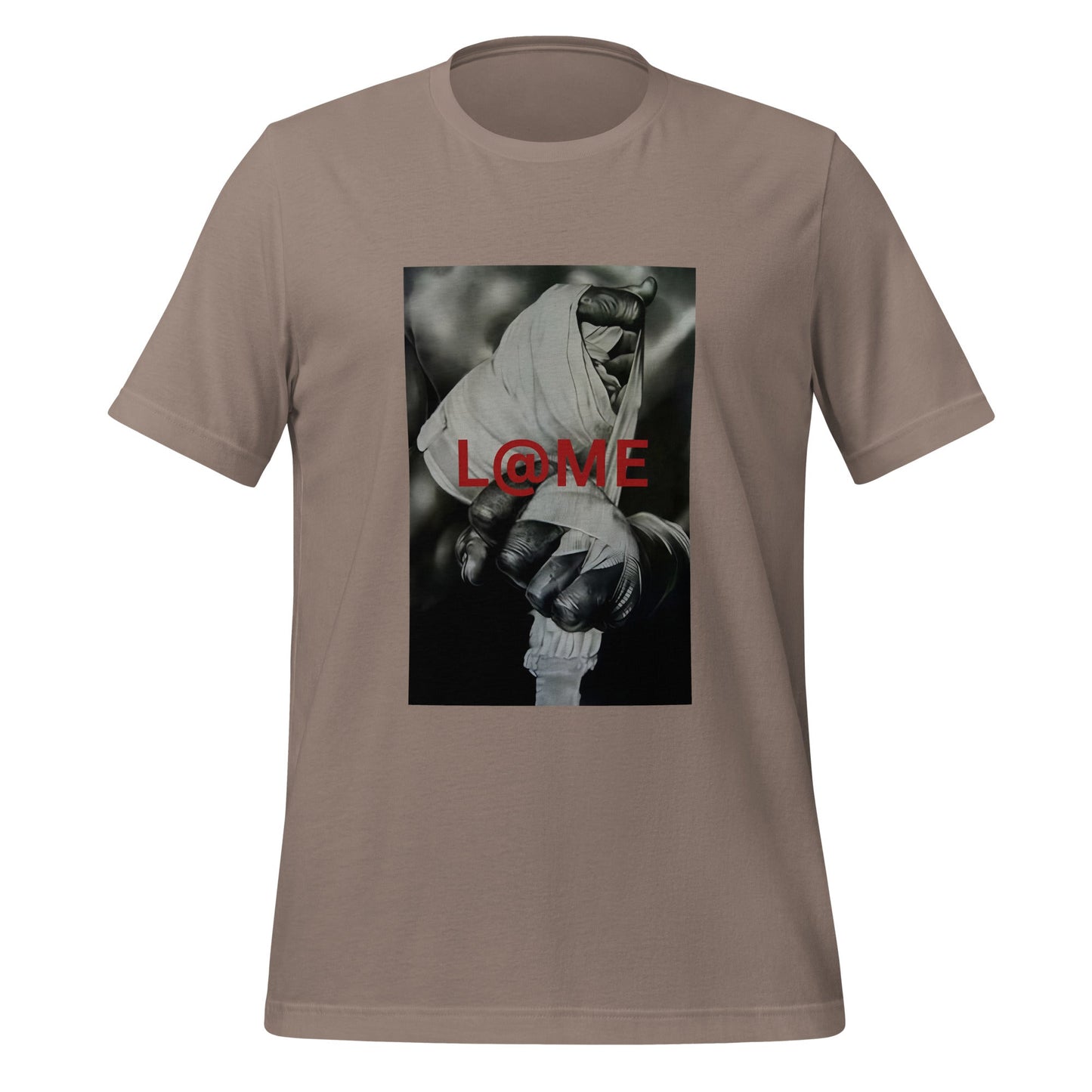 Close-up of a wrapped hand gripping tightly on a grayscale tee with red L@ME print