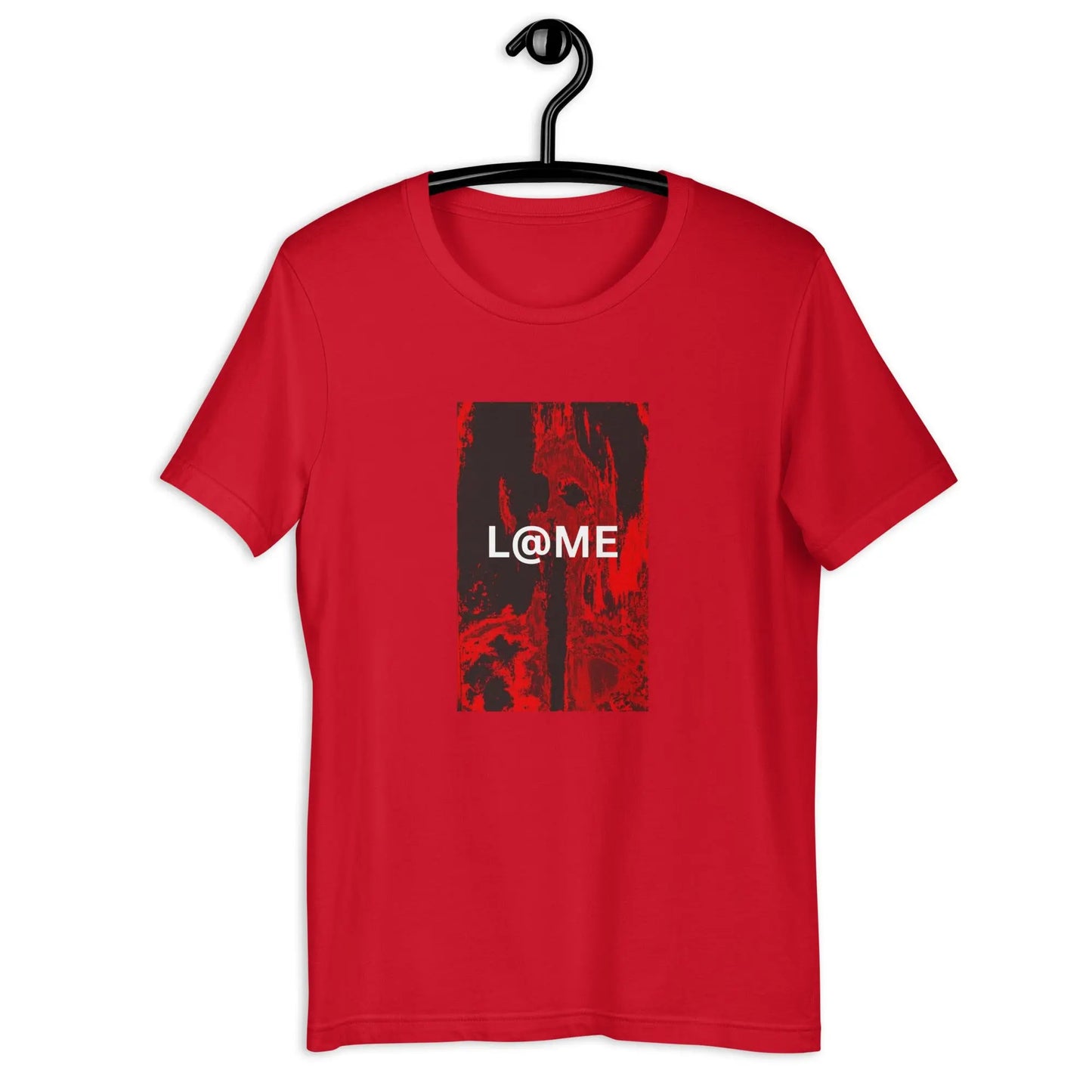 Red unisex graphic tee featuring an abstract flame design and a white L@ME logo.