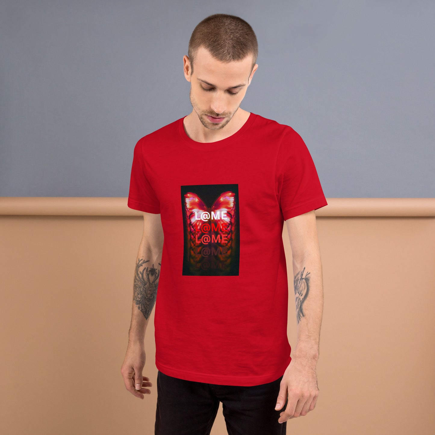 Unisex T-shirt with neon red and orange abstract butterfly wing and L@ME text design
