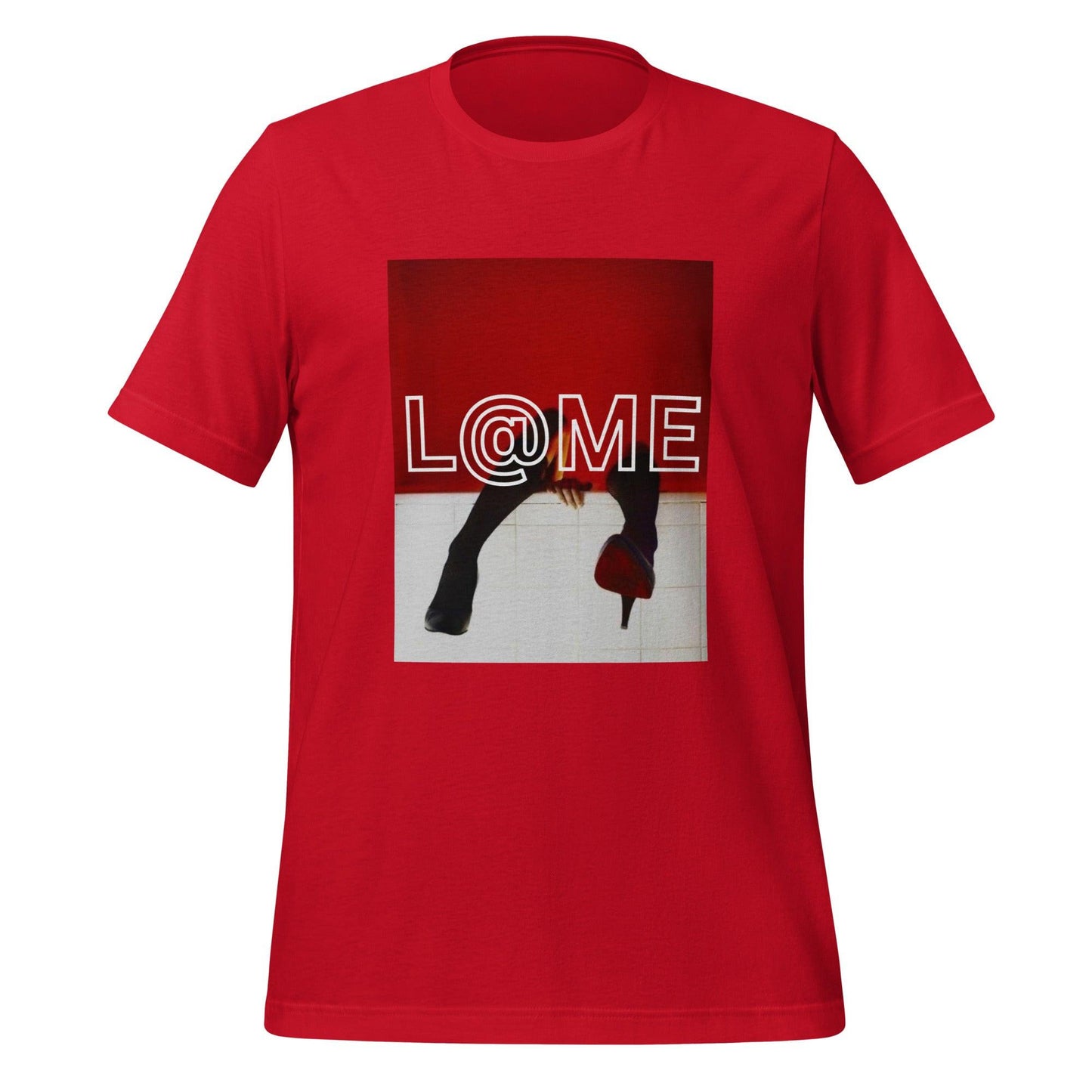 Unisex red t-shirt featuring black-and-white photography and high-heel graphics.