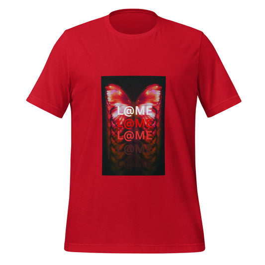 Unisex t-shirt featuring a glowing abstract butterfly wing graphic in vibrant reds and oranges.