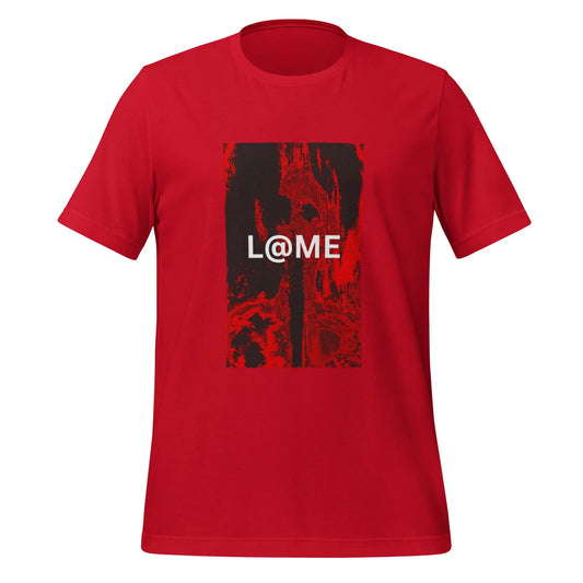 Red unisex t-shirt with abstract flame graphic and white L@ME logo on chest