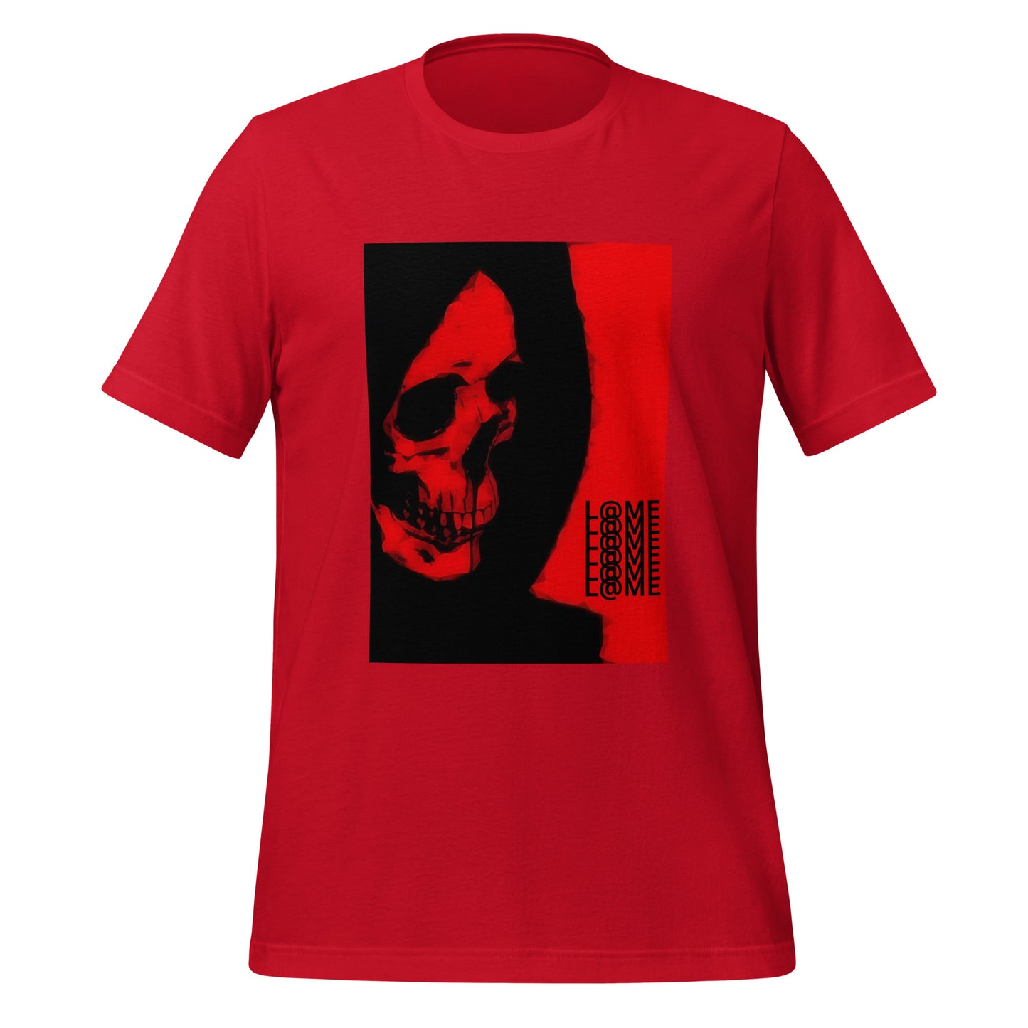 Unisex red t-shirt featuring a skull graphic and L@ME typography for a bold streetwear look.