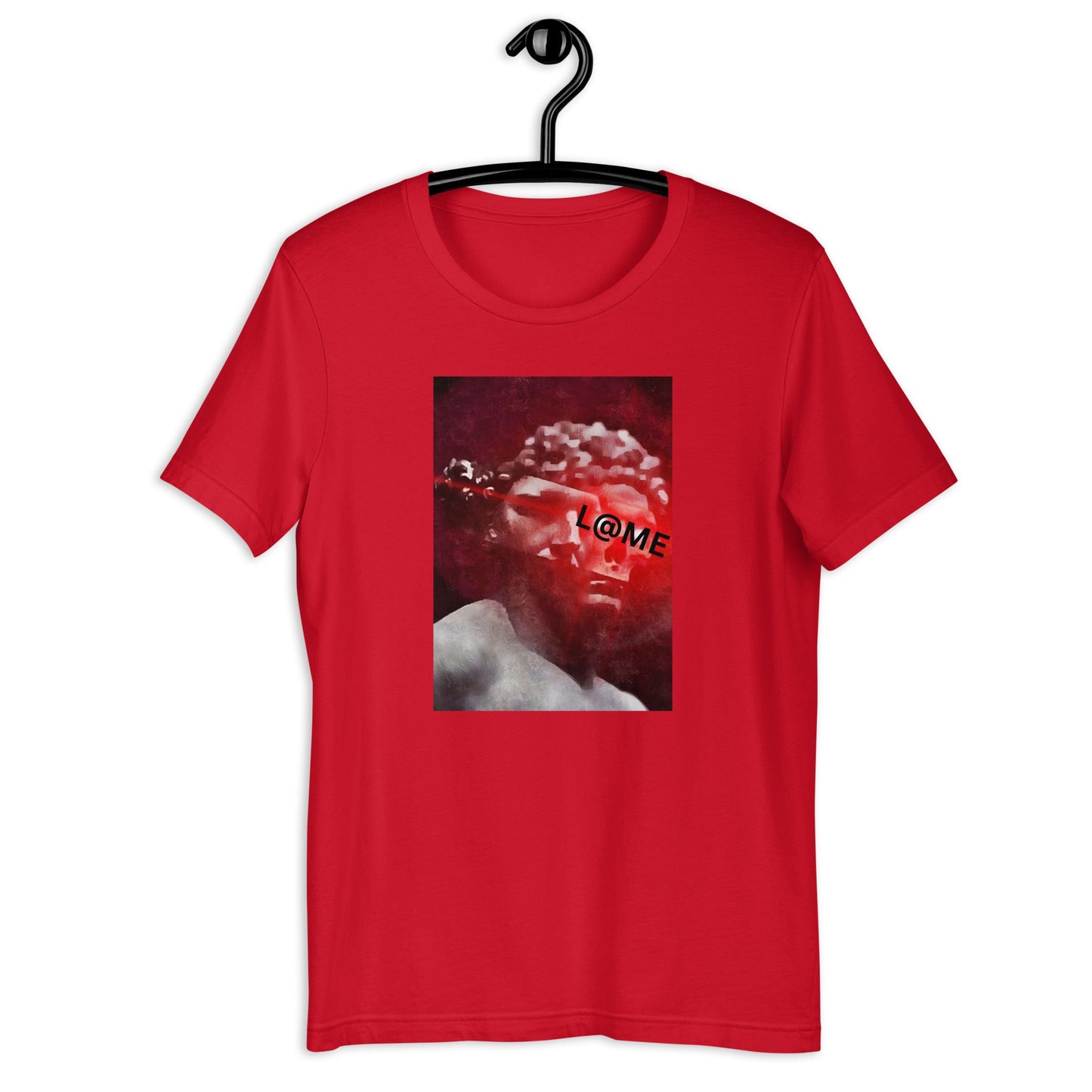 Red cotton t-shirt featuring a grayscale statue graphic and L@ME branding.