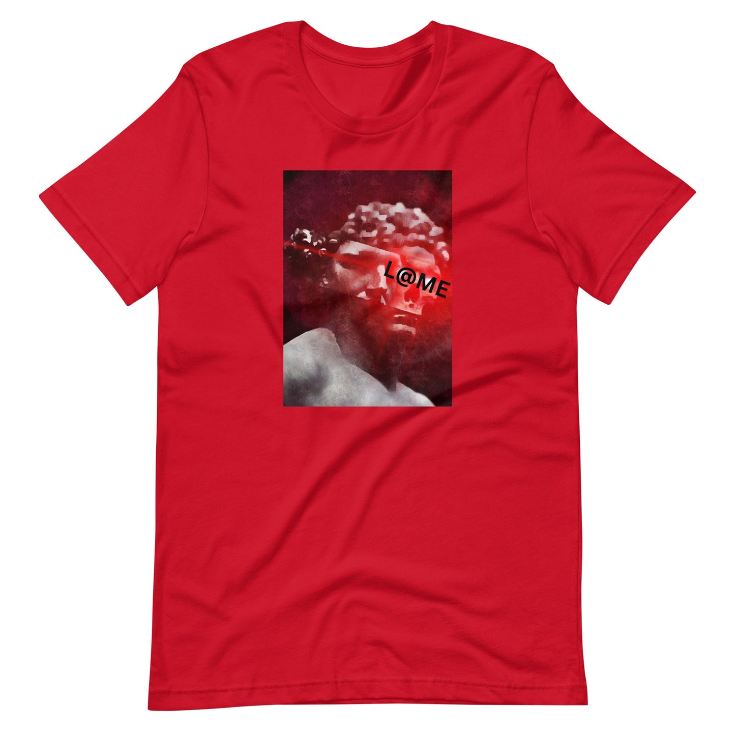 Red cotton tee featuring a grayscale statue graphic and L@ME branding.