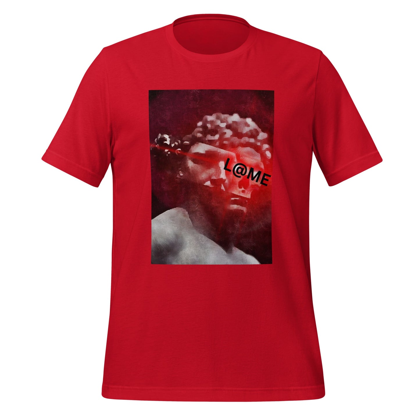 Red cotton t-shirt featuring a grayscale statue graphic and L@ME branding.