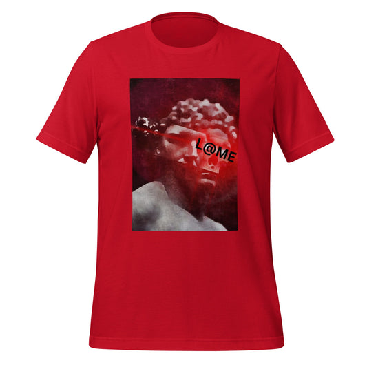 Red cotton t-shirt featuring a grayscale statue graphic and L@ME branding.