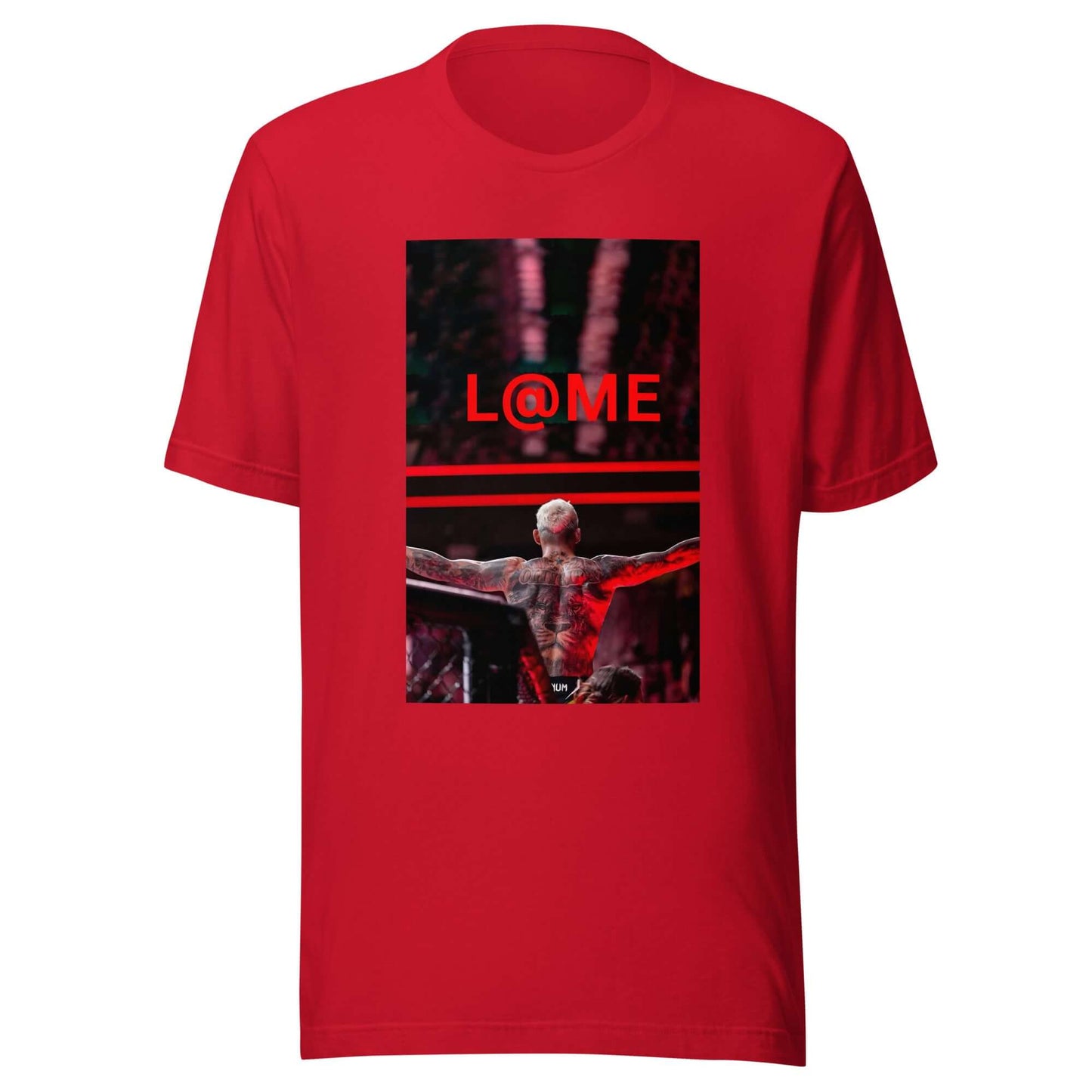 Red and black graphic tee featuring a triumphant design with raised arms.