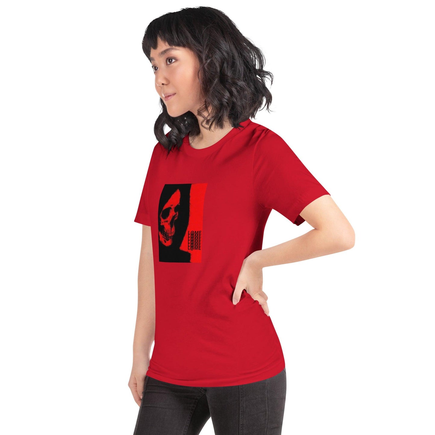 Unisex red T-shirt with shadowy skull graphic and stacked L@ME logo on front