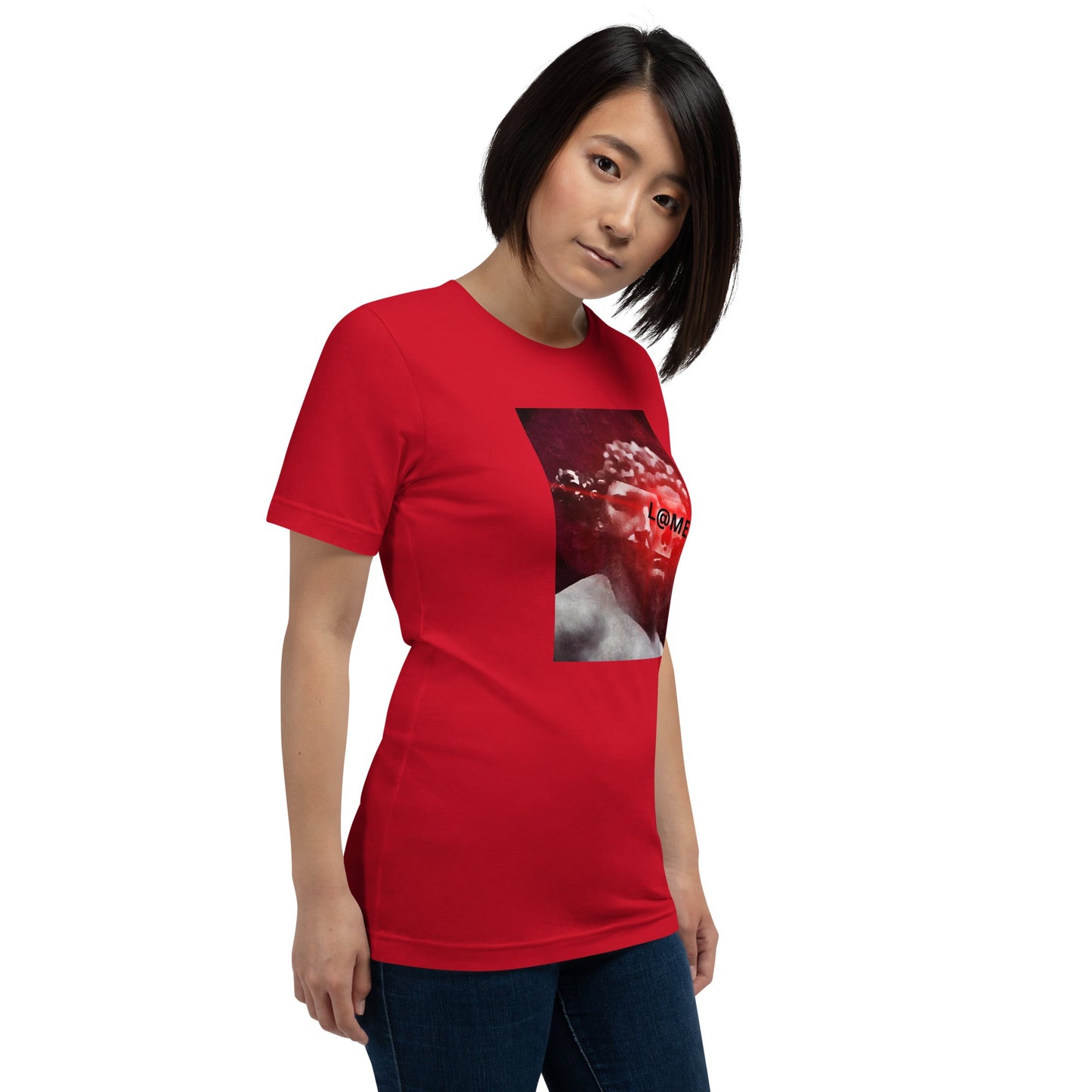Red cotton t-shirt with a grayscale statue graphic and L@ME branding on the front