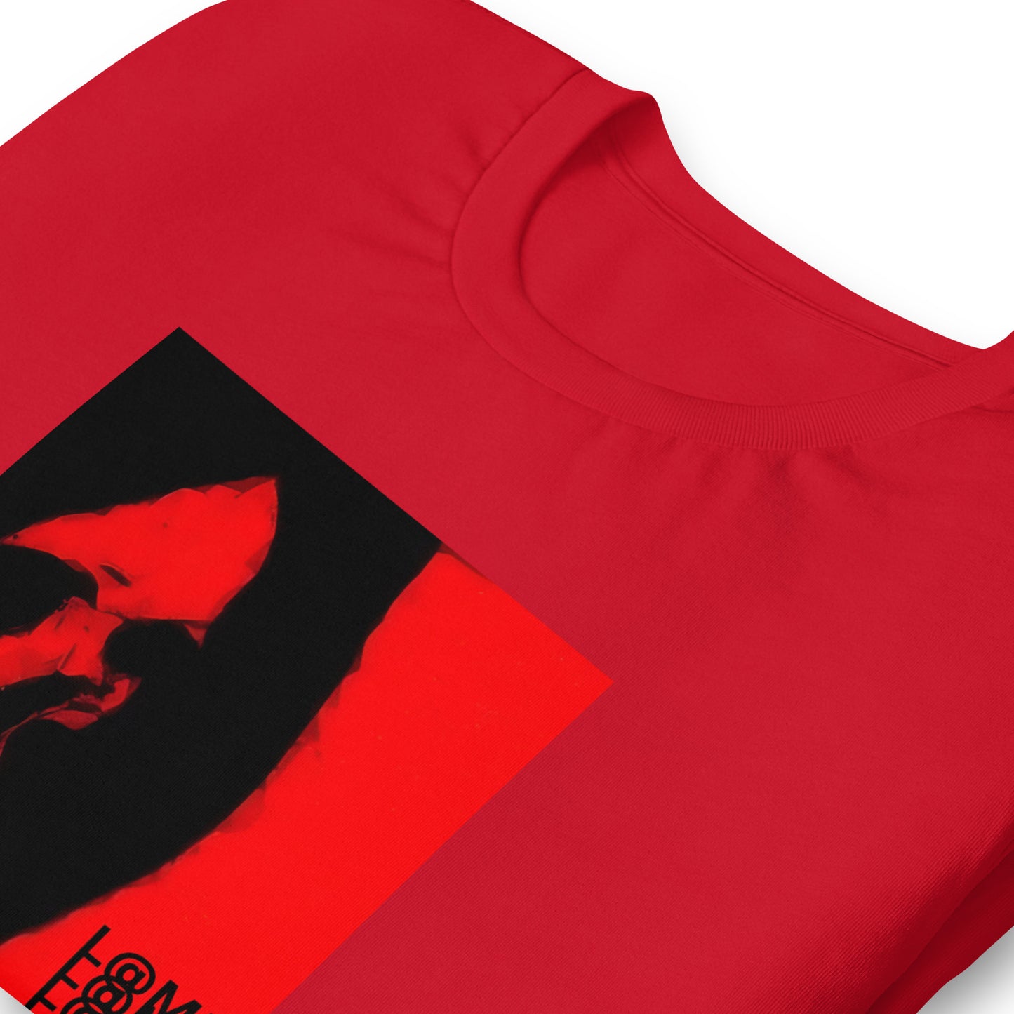 Unisex red t-shirt with shadowy skull graphic and stacked L@ME typography on front