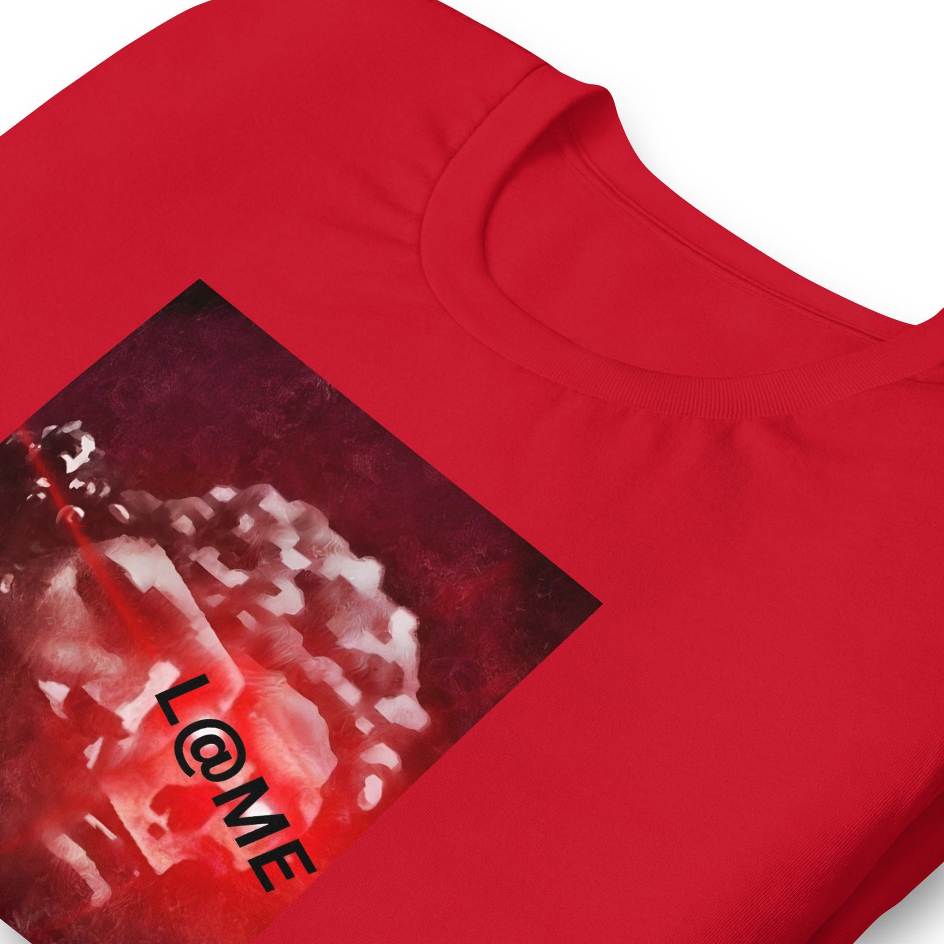 Red cotton t-shirt with grayscale statue graphic and L@ME branding on the chest