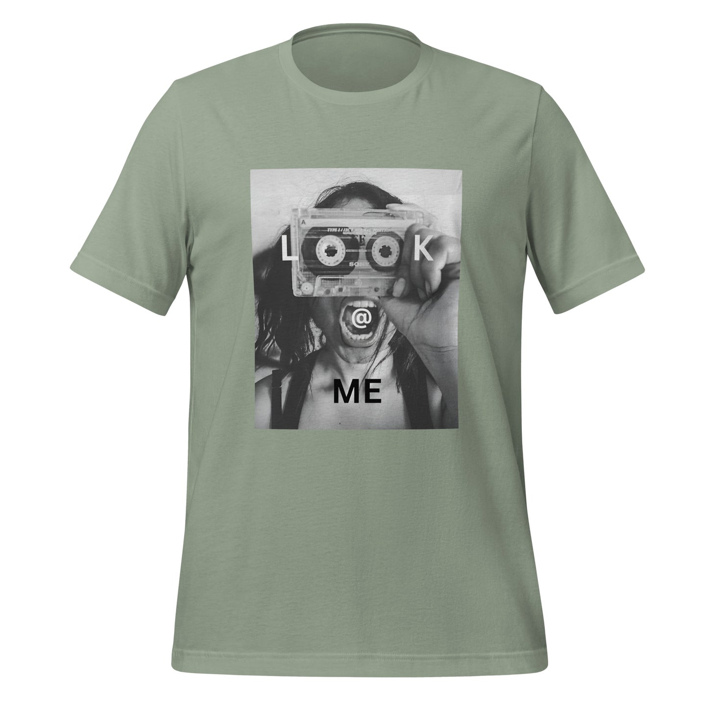 Black and white tee with a woman holding a cassette like a camera printed on front