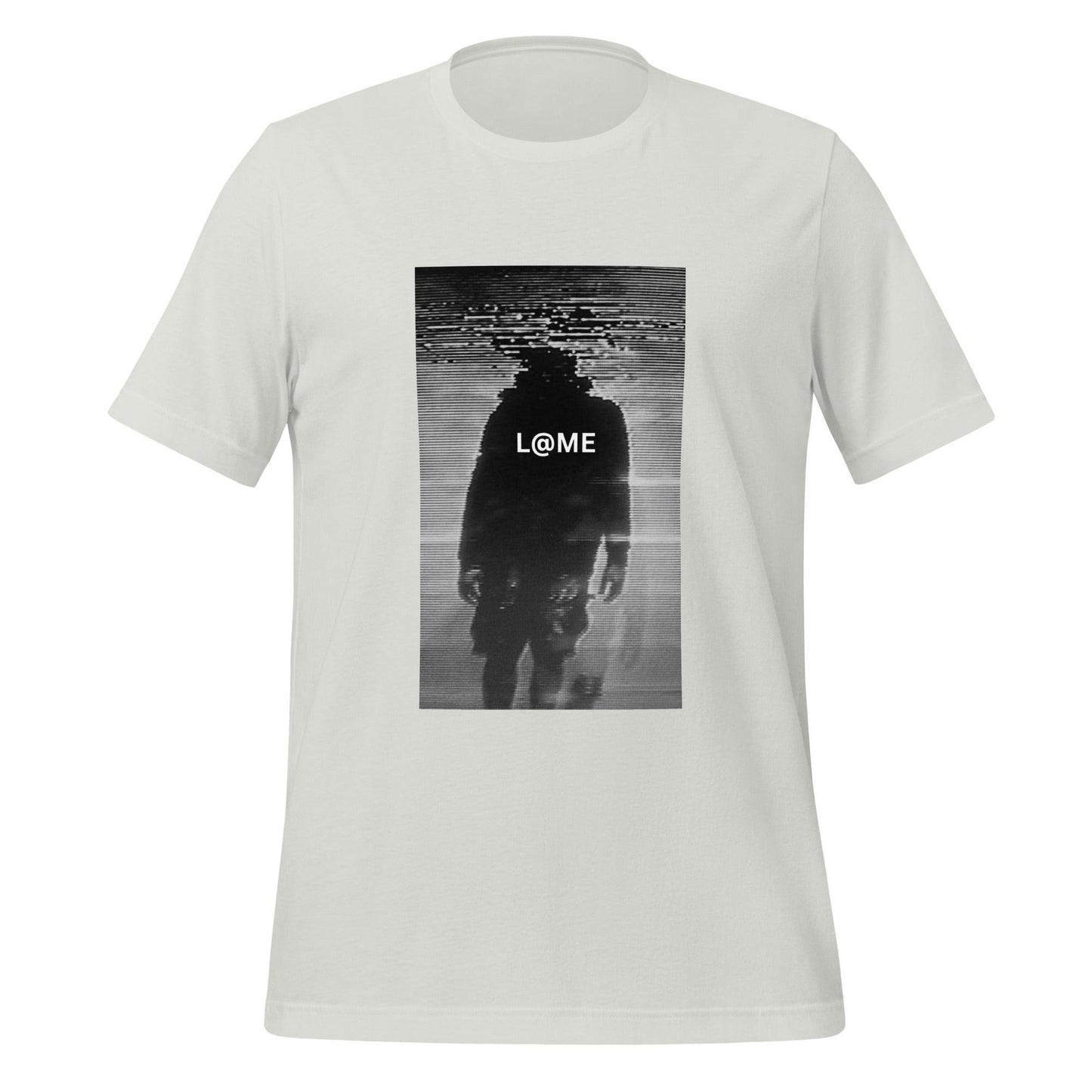 Unisex T-shirt with monochrome glitch figure dissolving into static on front in black and white colors