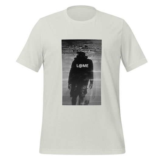 Unisex T-shirt with monochrome glitch figure dissolving into static on front in black and white colors