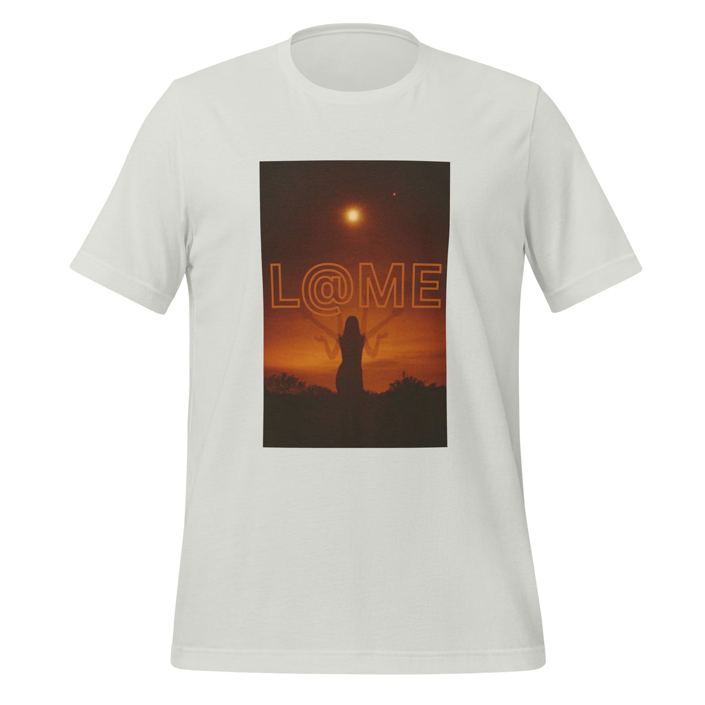 Unisex T-shirt with a serene figure walking toward a glowing doorway over calm water print