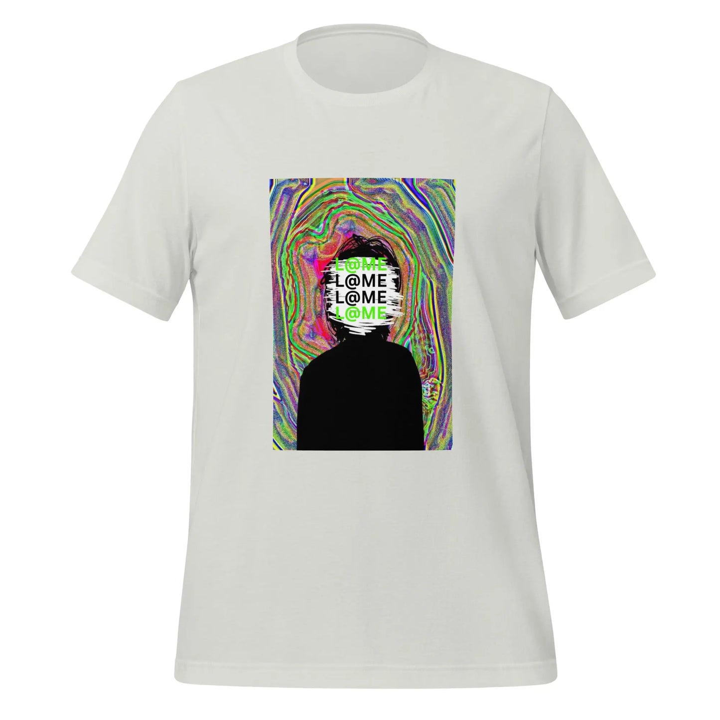Unisex t-shirt featuring a black silhouette on vibrant, swirling neon patterns.