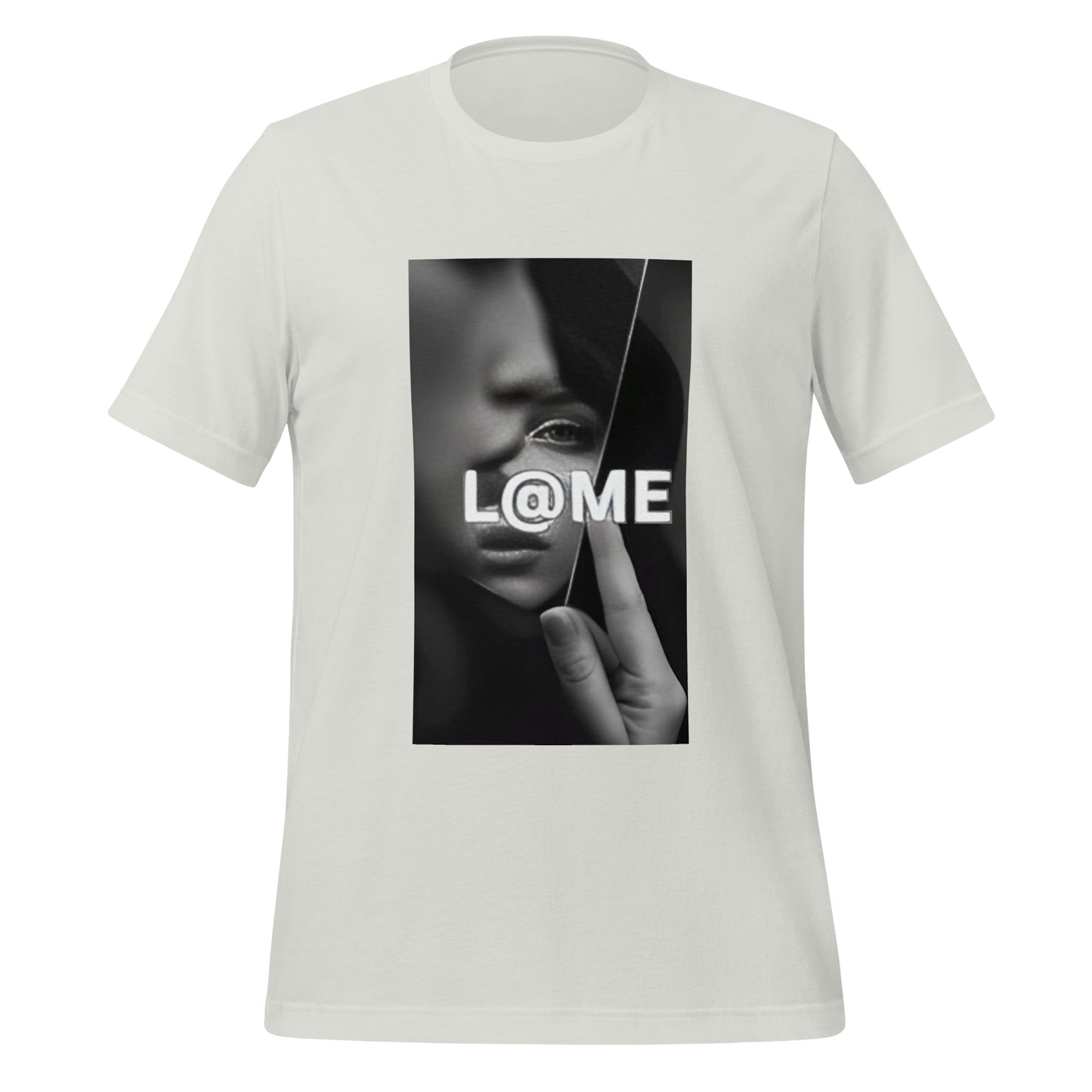 Graphic t-shirt featuring a monochrome portrait with sharp reflection lines and L@ME logo.