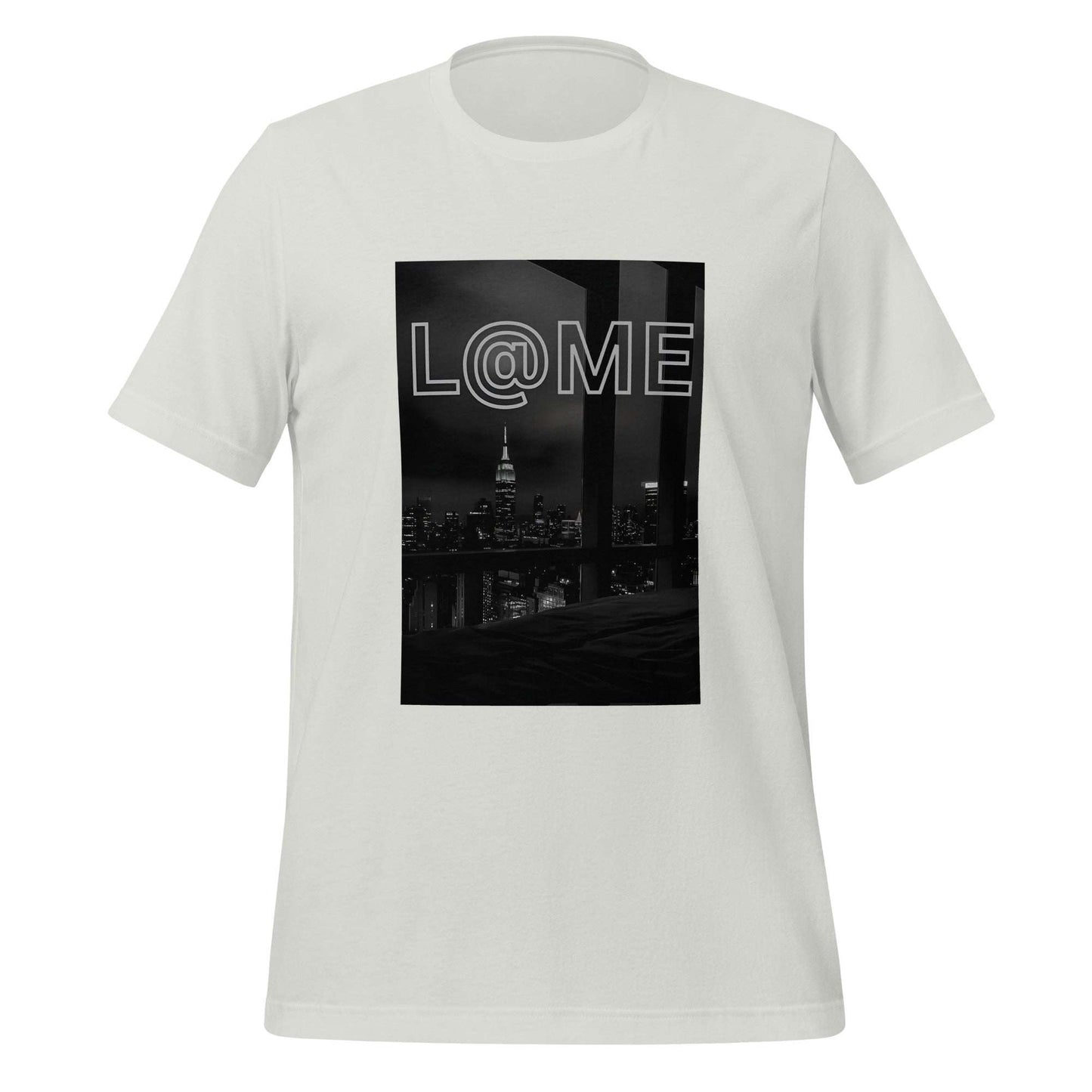 Black and white city skyline T-shirt with neon-style L@ME logo on front