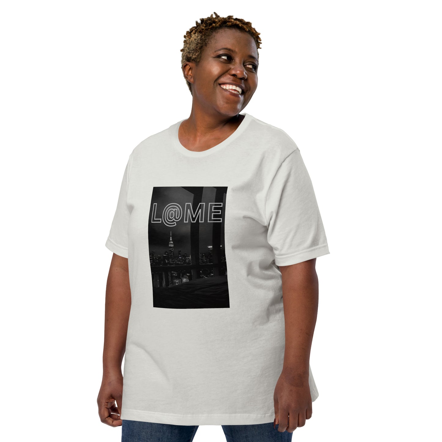 Black-and-white cityscape t-shirt with neon L@ME logo on premium cotton fabric.